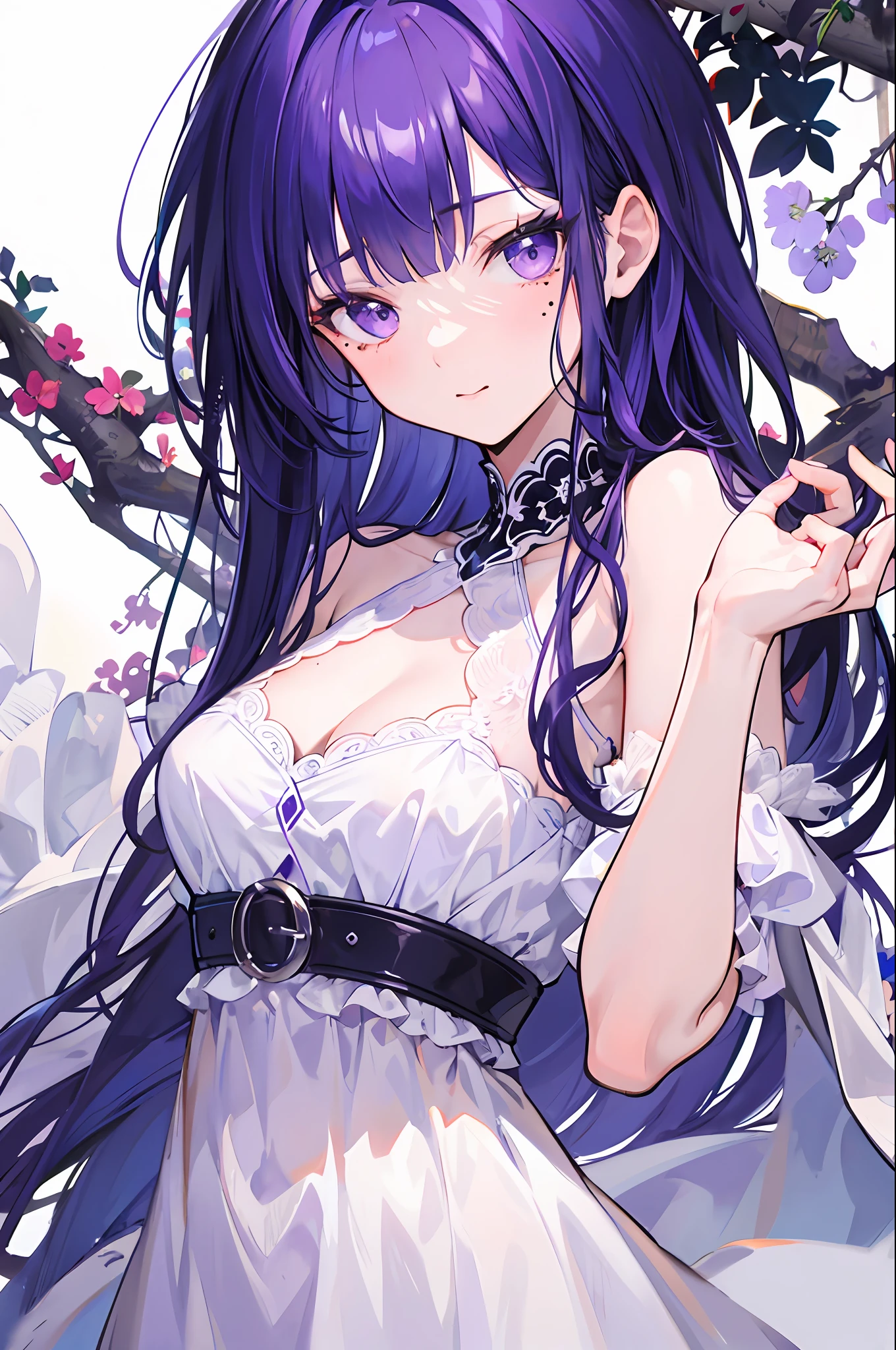 Female, Raiden Ei, Purple Hair, Purple Eyes, Kind, Considerate, Shy, Funny, Love myself, Faithful, Mole under right eye, View, White Dress
