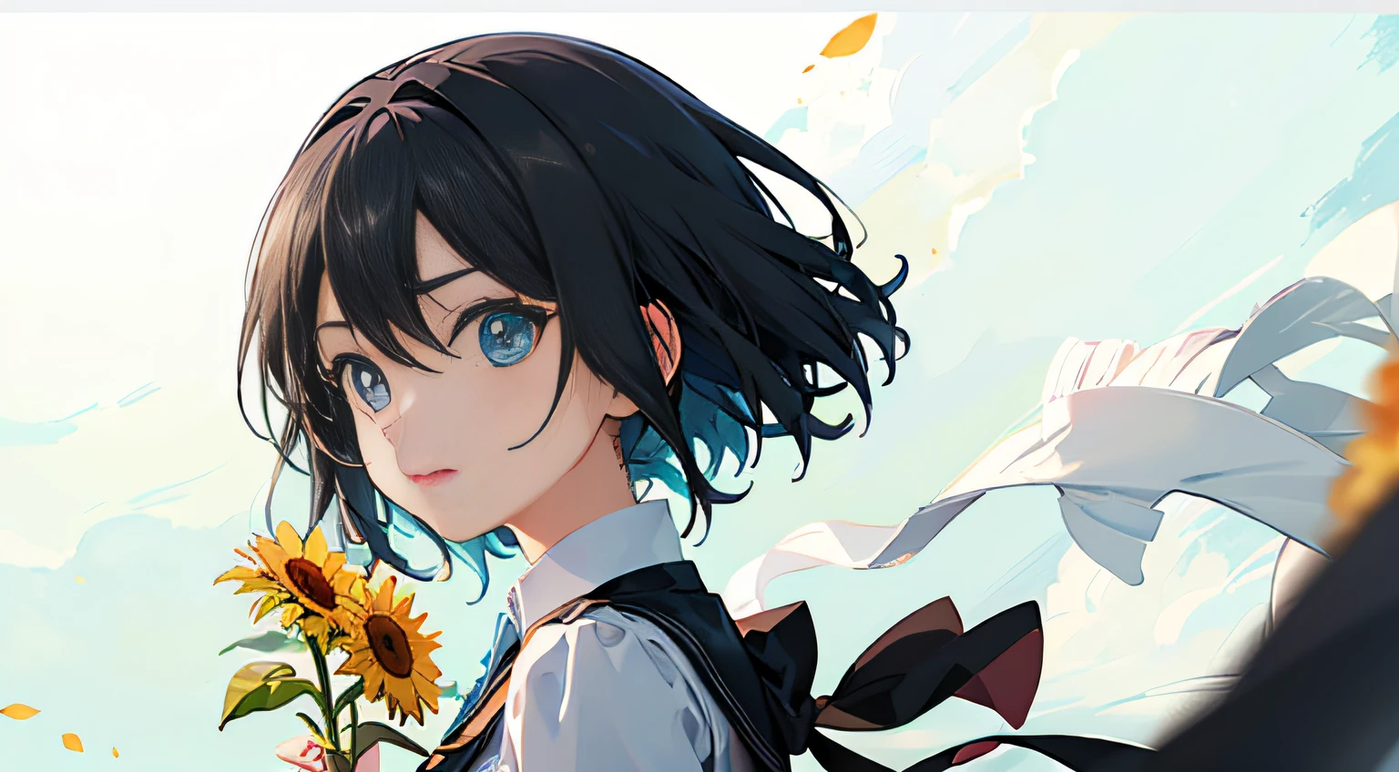 anime girl with sunflower and sign saying best smoothing, beautiful sunflower anime girl, cute, official fan art, anime style, official art, anime style characters, anime style, anime aesthetic, cute, anime art style, high quality fan art, anime style illustration