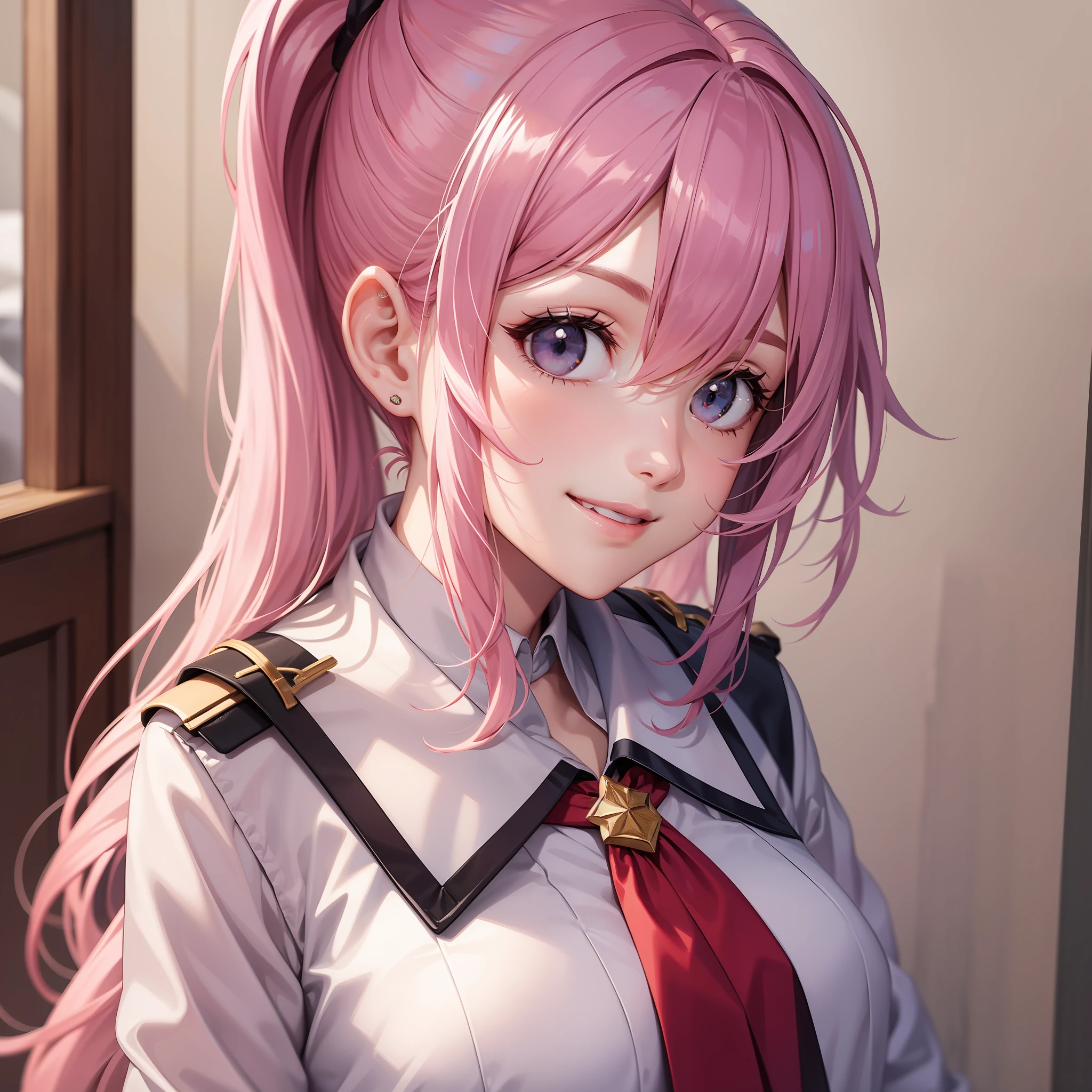 bed girl long hair smile pink hair uniform top quality masterpiece ponytail