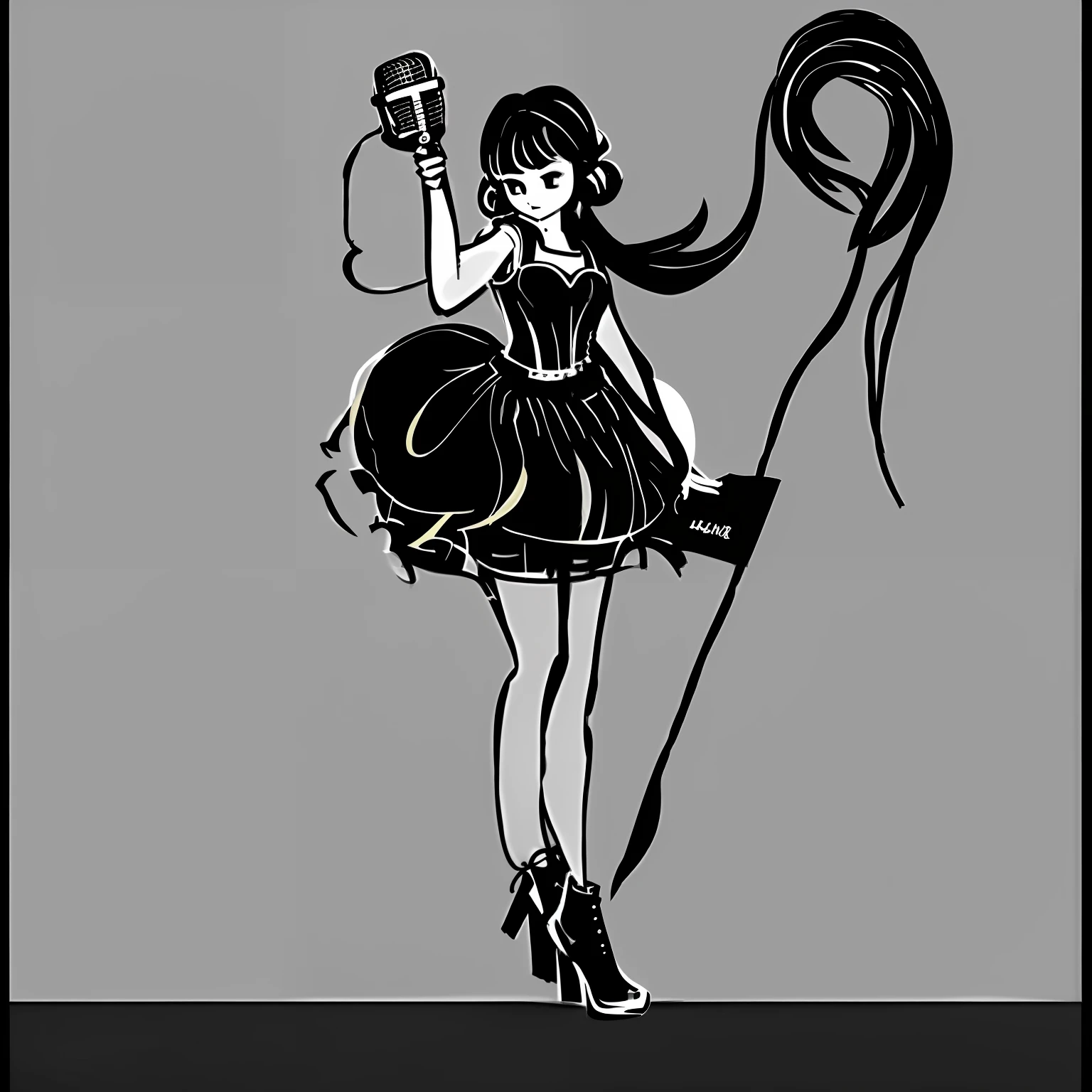 A painting of a girl in a dress holding a microphone, full body concept, full body portrait of a puffy skirt! , black and white monochrome, black and white, line sketch, rough sketch, line sketch!, sketch art style, she is dancing. Reality, concept sketches, character design sketches, quick sketches, full body! , dancing characters, old sketches, graffiti sketches, she's dancing,