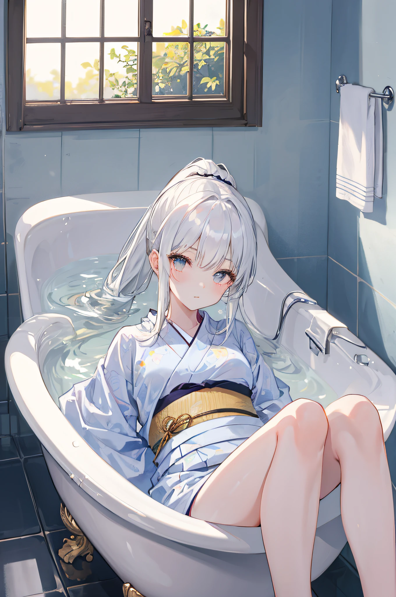 1 white-haired girl lying in the bathtub in a yukata, hands pressed in the bathtub, double ponytail, face details, HUD, charming, beautiful face, bare legs, best quality, complex background, bathroom, sunlight outside the window shining into the bathroom, sparkling water, light and shadow reflection,