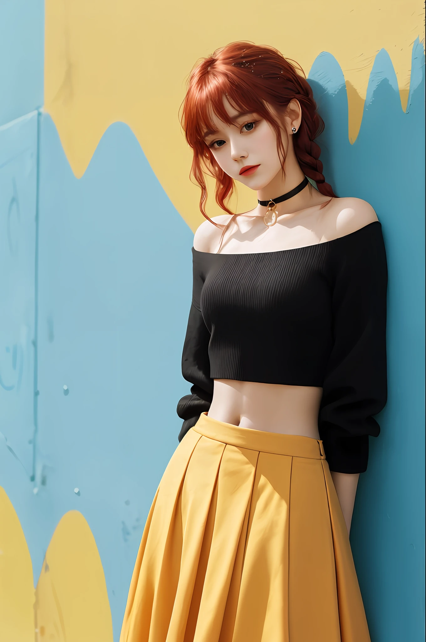 masterpiece, supreme quality, 1girl, solo performance, cropped chic top, vivid red hair, (vibrant yellow background), sophisticated braids, soft bangs, captivating choker, (graffiti: 1.5), splashes of artistic paint, attractive arms behind the back, leaning against the wall, looking at the viewer, fashion armband, touch of urban hip-hop, flirtatious skirt, mischievous head tilt, powerful expression, warm orange tones, energetic asymmetrical layout, striking geometric patterns, imaginative street art, interaction of sunlight and shadows,