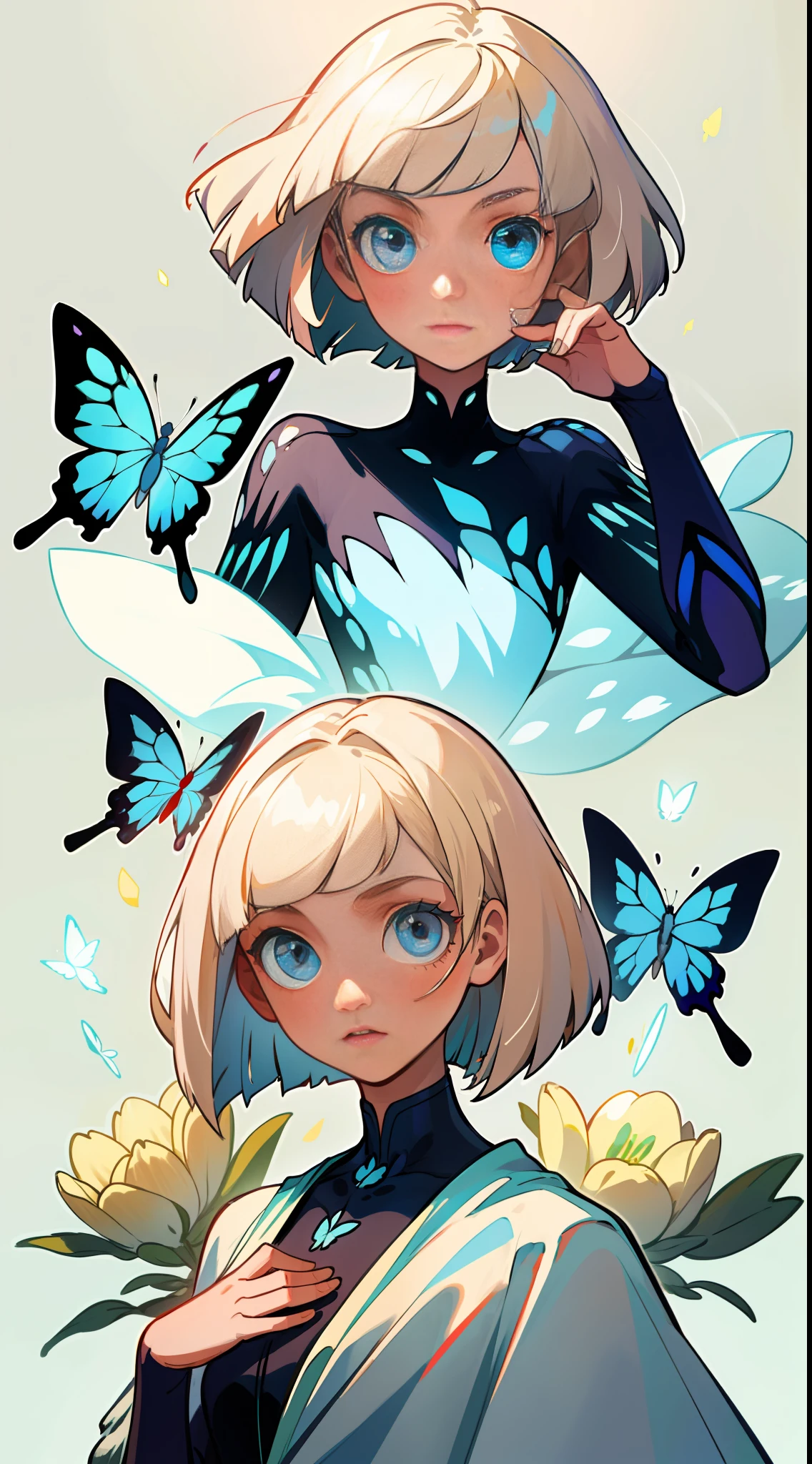 (best quality, masterpiece), 1girl, pose, particle, wind, flower, upper body, simple background, looking viewer, platinum blonde hair, bob cut, light blue eyes, butterfly