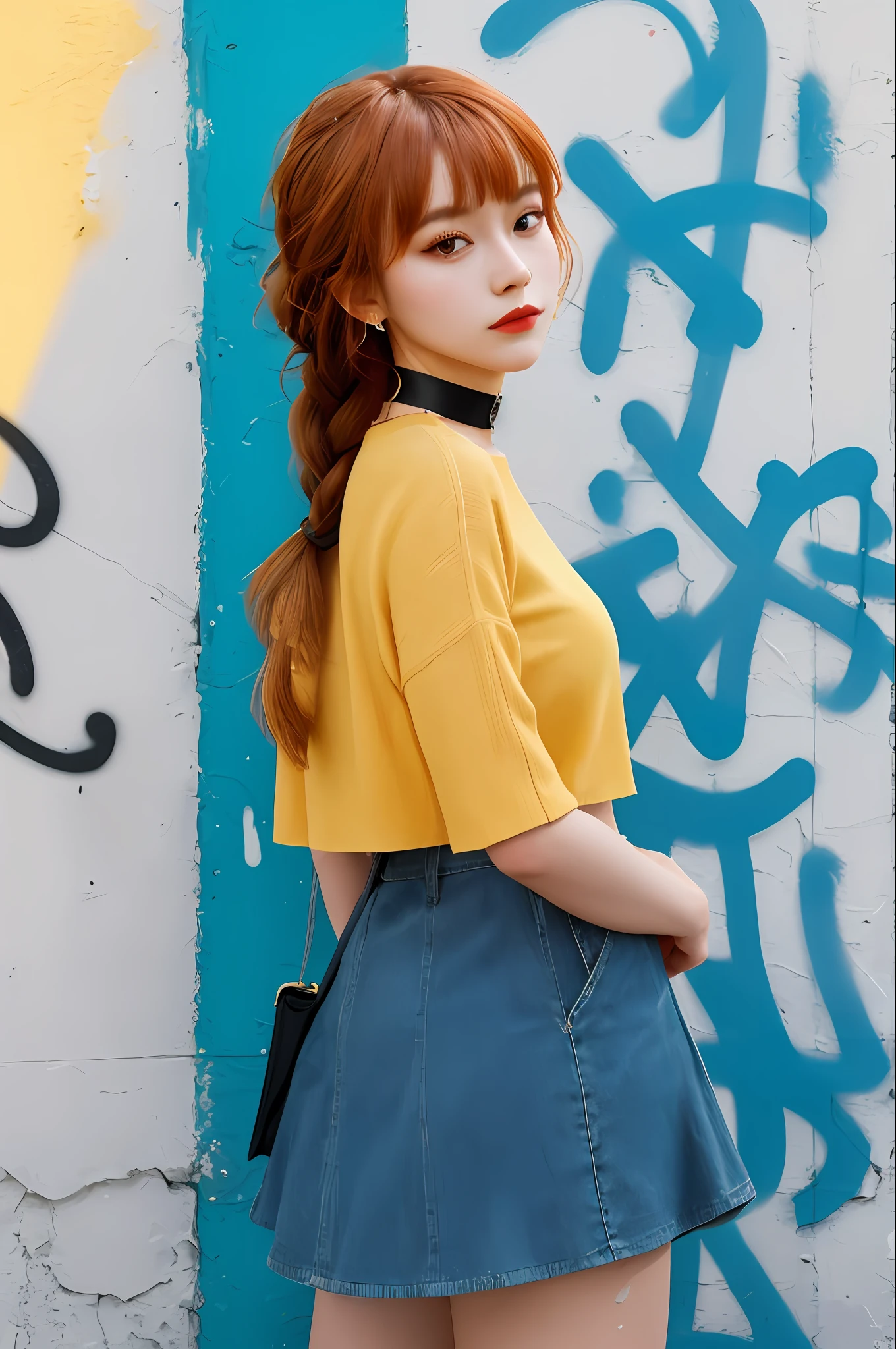 masterpiece, supreme quality, 1girl, solo performance, cropped chic top, vivid orange hair, (vibrant yellow background), sophisticated braids, soft bangs, captivating choker, (graffiti: 1.5), splashes of artistic paint, attractive arms behind the back, leaning against the wall, looking at the viewer, fashion armband, touch of urban hip-hop, flirtatious skirt, mischievous head tilt, powerful expression, warm orange tones,  energetic asymmetrical layout, striking geometric patterns, imaginative street art, interaction of sunlight and shadows,
