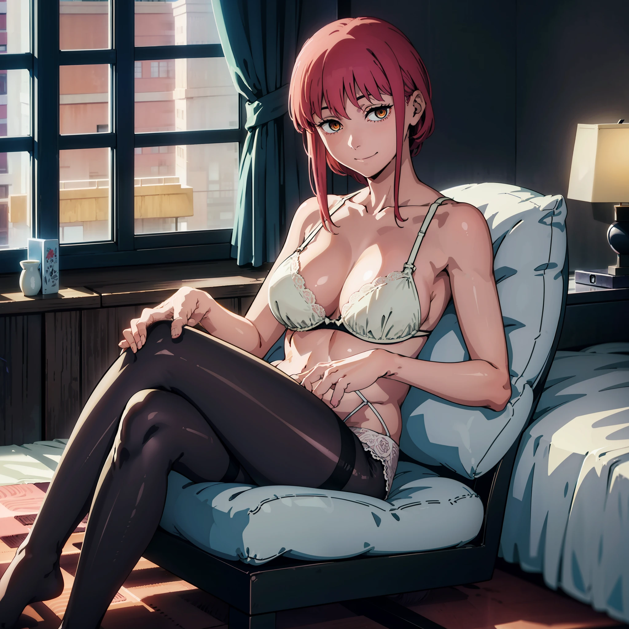No bra, sexy lingerie, sexy pantyhose, beautiful legs, thighs, makima, day hotel room, crossed legs, sitting on the bed, sensual smile, 4k, best quality, masterpiece, beautiful body, sensual, whole body, good anatomy, white skin.