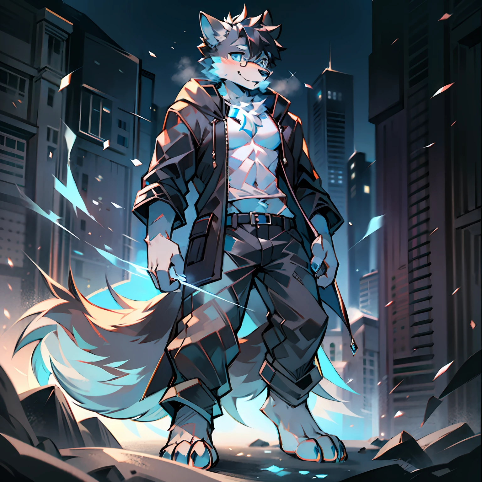 Single, furry male, furry, werewolf, canine, full-body, dark fur, black-gray fur, blue eyes, wearing glasses, blue runes, mage, black coat, short sleeves, long pants, short hair, standing