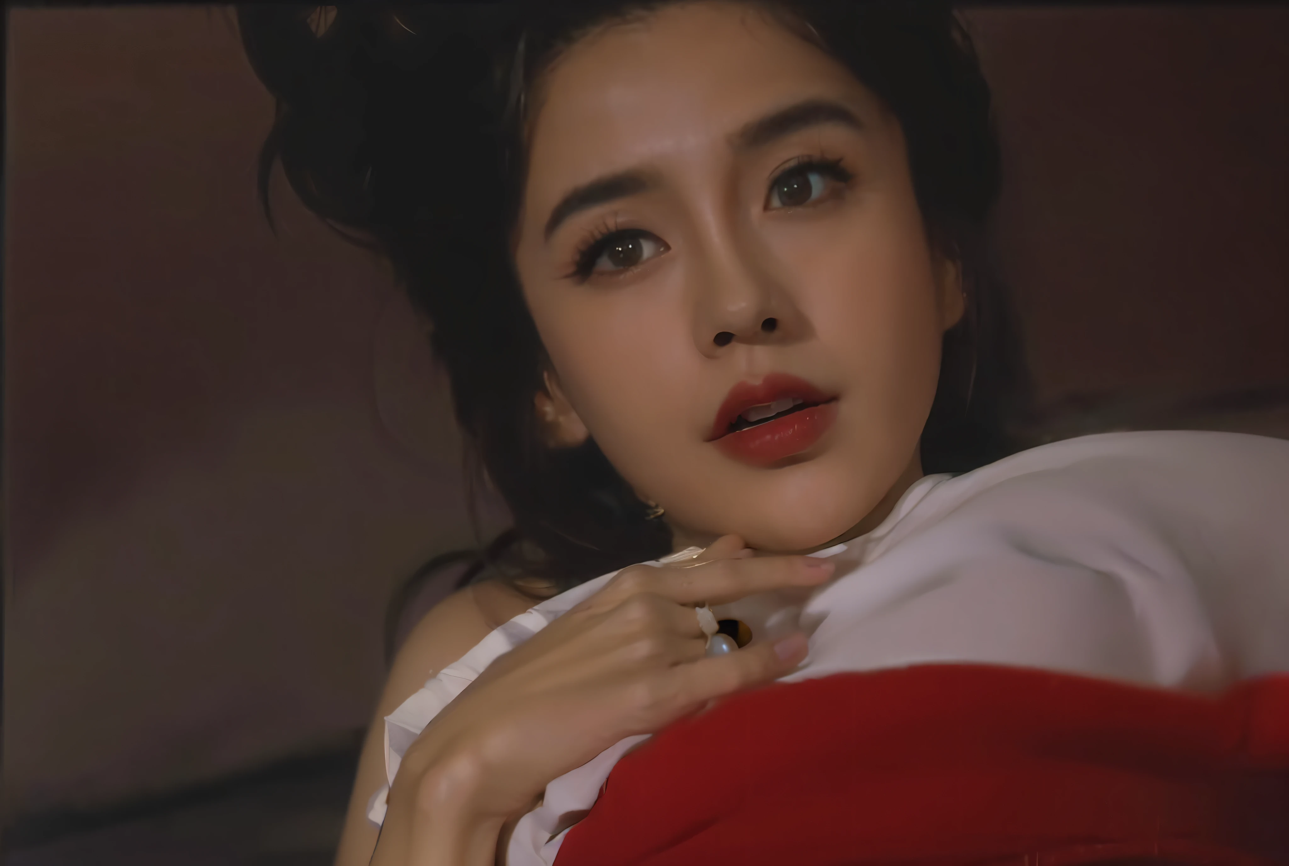 there is a woman that is laying down with a red blanket, vhs screencap, movie screencap, full scene shot, film shot, movie screenshot, 1 9 8 6 movie screenshot, screenshot from a movie, screen cap, still shot from movie, sandra, cindy avelino, throbbing, film screenshot, movie still of a tired
