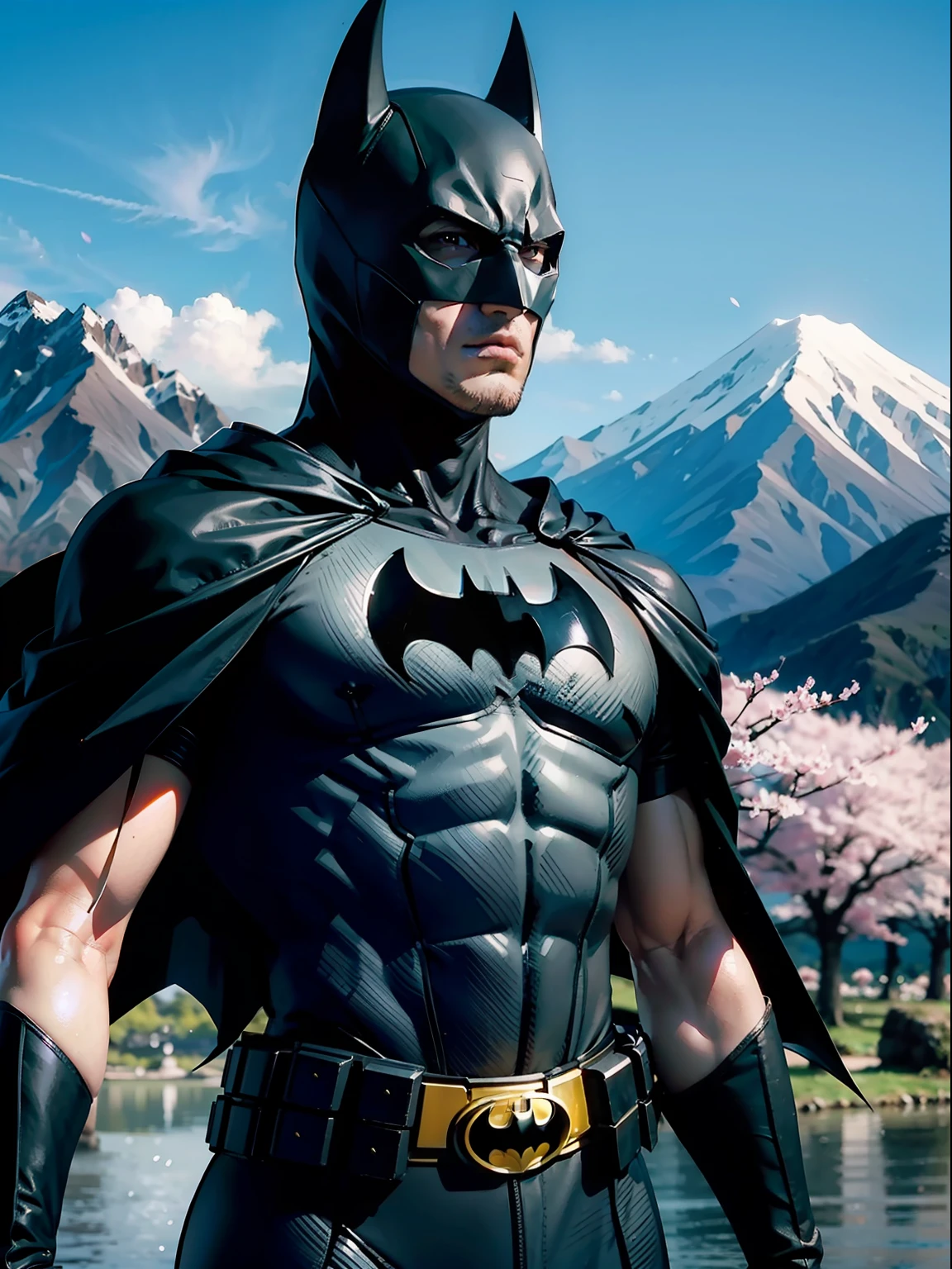 batman as a samurai, mountains, cherry blossom, japan