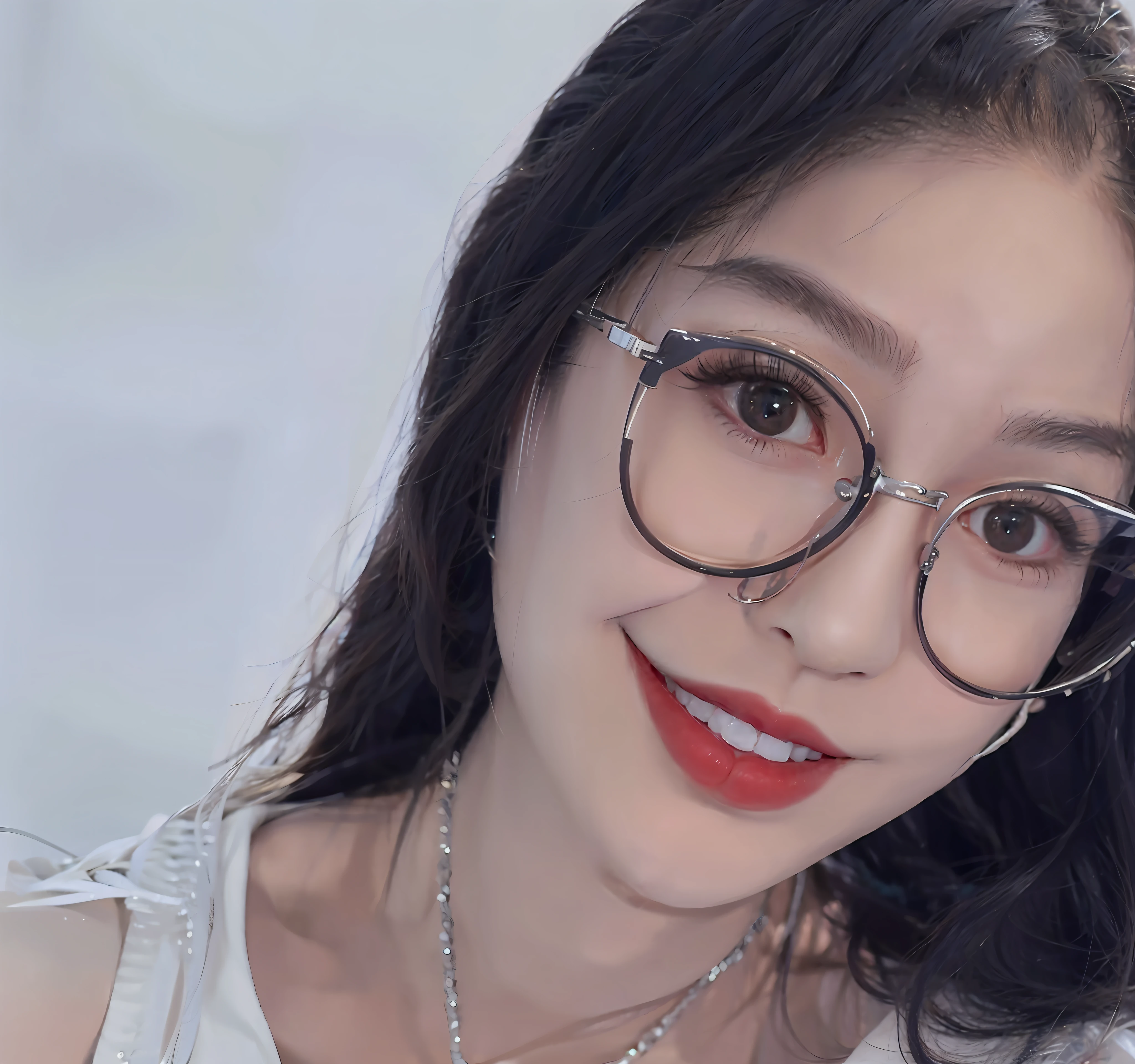 there is a woman wearing glasses and a necklace with a necklace, wearing thin large round glasses, wearing small round glasses, with glasses, girl wearing round glasses, round glasses, li zixin, wearing round glasses, profile image, girl with glasses, glasses glasses, big round glasses, eyeglasses, clear cute face, headshot profile picture, very low quality, spectacled