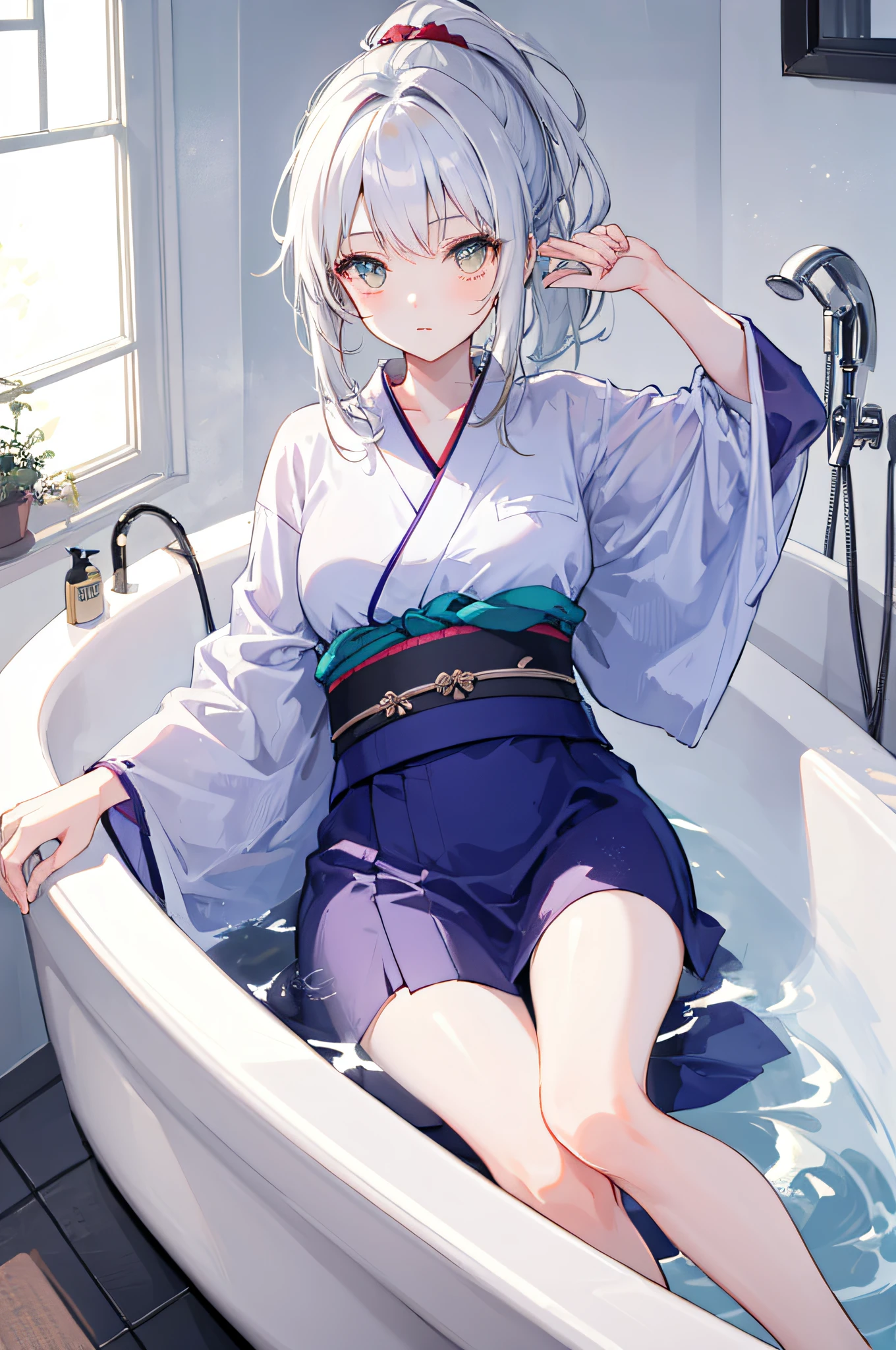1 white-haired girl lying in bathtub in yukata, ponytail, face details, HUD, charming, beautiful face, bare legs, best quality, complex background, bathroom, sunlight from the window shining into the bathroom, sparkling water, reflection of light and shadow,