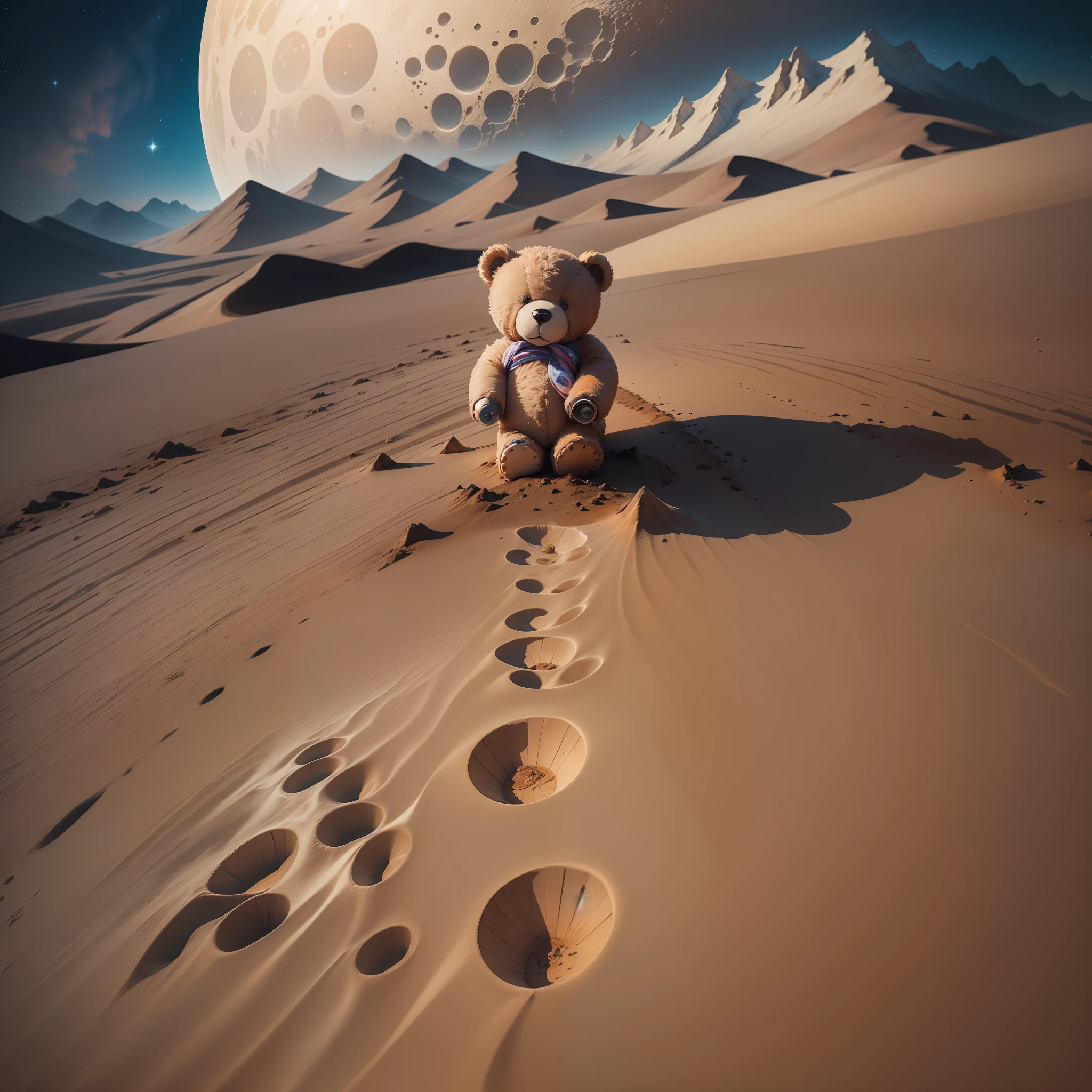 a beautiful teddy bear ((hyper realistic)) on lunar soil, and in the background the image of planet earth and stars (((award winning photography))) , ((inspiring))