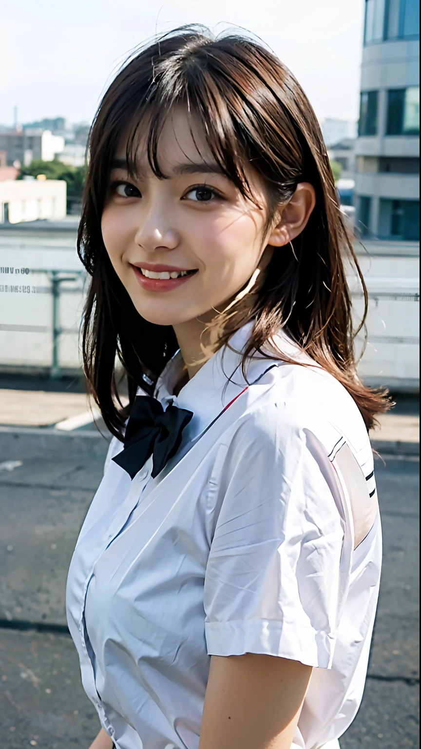 masterpiece, close up face shot, 1 girl per 1 photo, front view, a Japanese young pretty woman, cute pose at the school roof with a big smile, glamorous figure, wearing a short sleeves white collared silky shirt with shiny red satin plain bow tie, wearing a long length dark blue pleated skirt, hyper cute face, glossy lips, double eyelids in both eyes, Natural makeup, long eyelashes, shiny smooth light brown hair of medium length, asymmetrical bangs, tanned skin, central image, 8K resolution, high detail, detailed hairstyle, Detailed Face, spectacular cinematic lighting, octane rendering, vibrant, hyper realistic, perfect limbs, perfect anatomy
