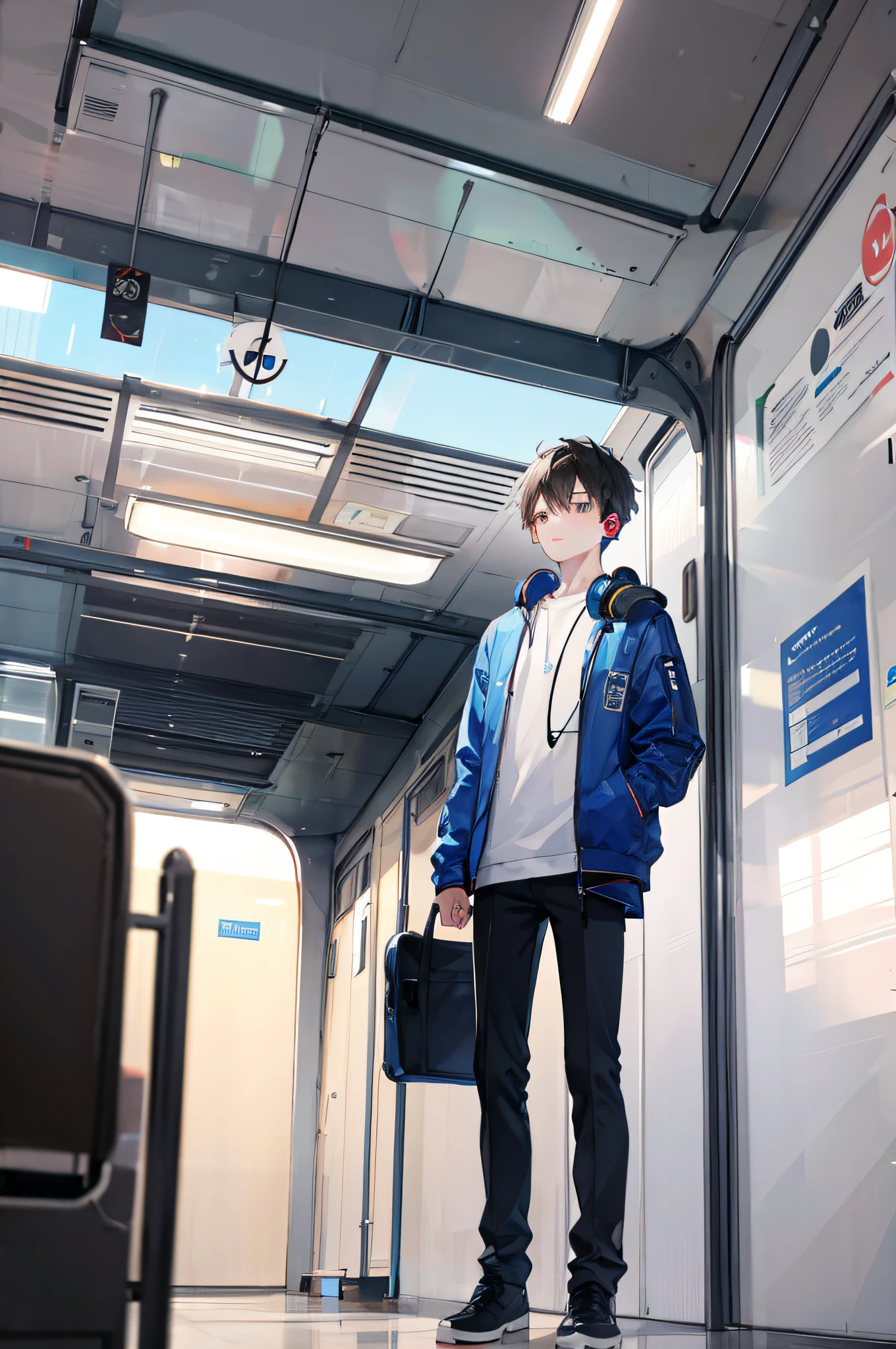 1 boy, train car, headphones