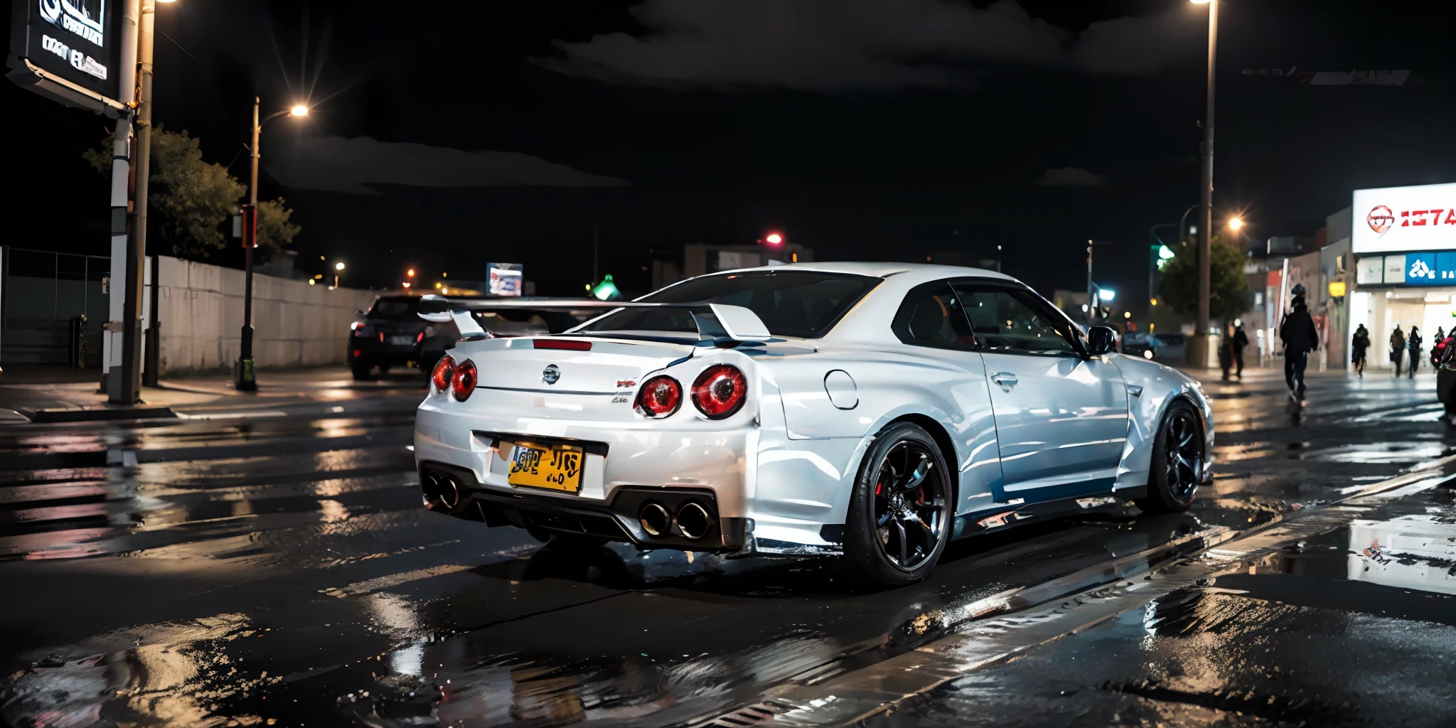 masterpiece, best quality, official art, extremely detailed 8k CG unit wallpaper, illustration, cyberpunk city bustling with neon signs, night, in spring, cloudy, sky, beautiful detailed sky, light, official art, extremely detailed 8k unit wallpaper, illustration, night, in spring, cloudy, sky, beautiful detailed sky, light, 1 car, (car: 1), motor vehicle, land vehicle, sports car, nissan, gtr, red car, horizon line R34, vehicle focus, road, need for speed, moving, wet,