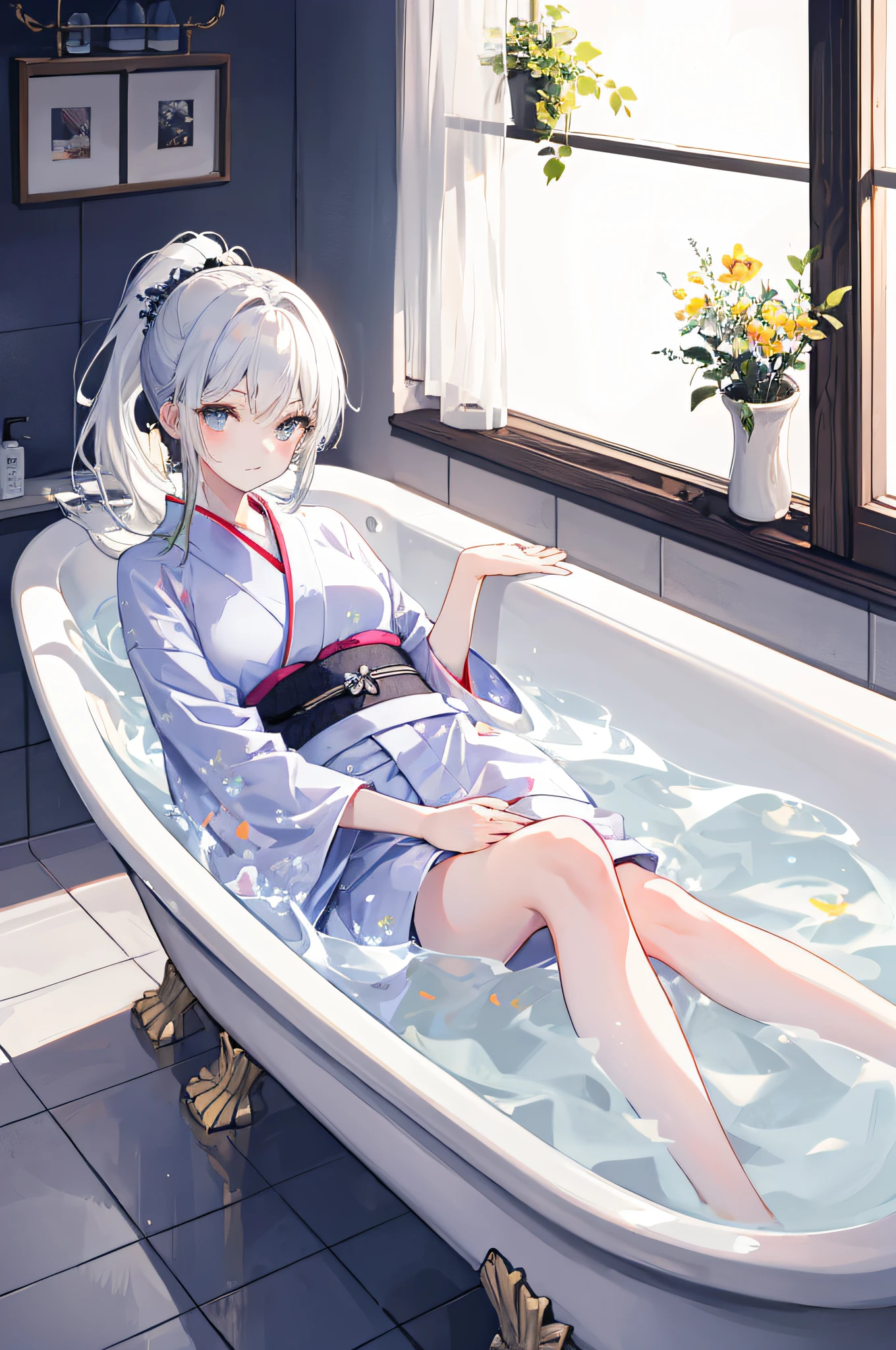 1 white-haired girl lying in bathtub in yukata, ponytail, face details, HUD, charming, beautiful face, bare legs, best quality, complex background, bathroom, sunlight from the window shining into the bathroom, sparkling water, reflection of light and shadow,