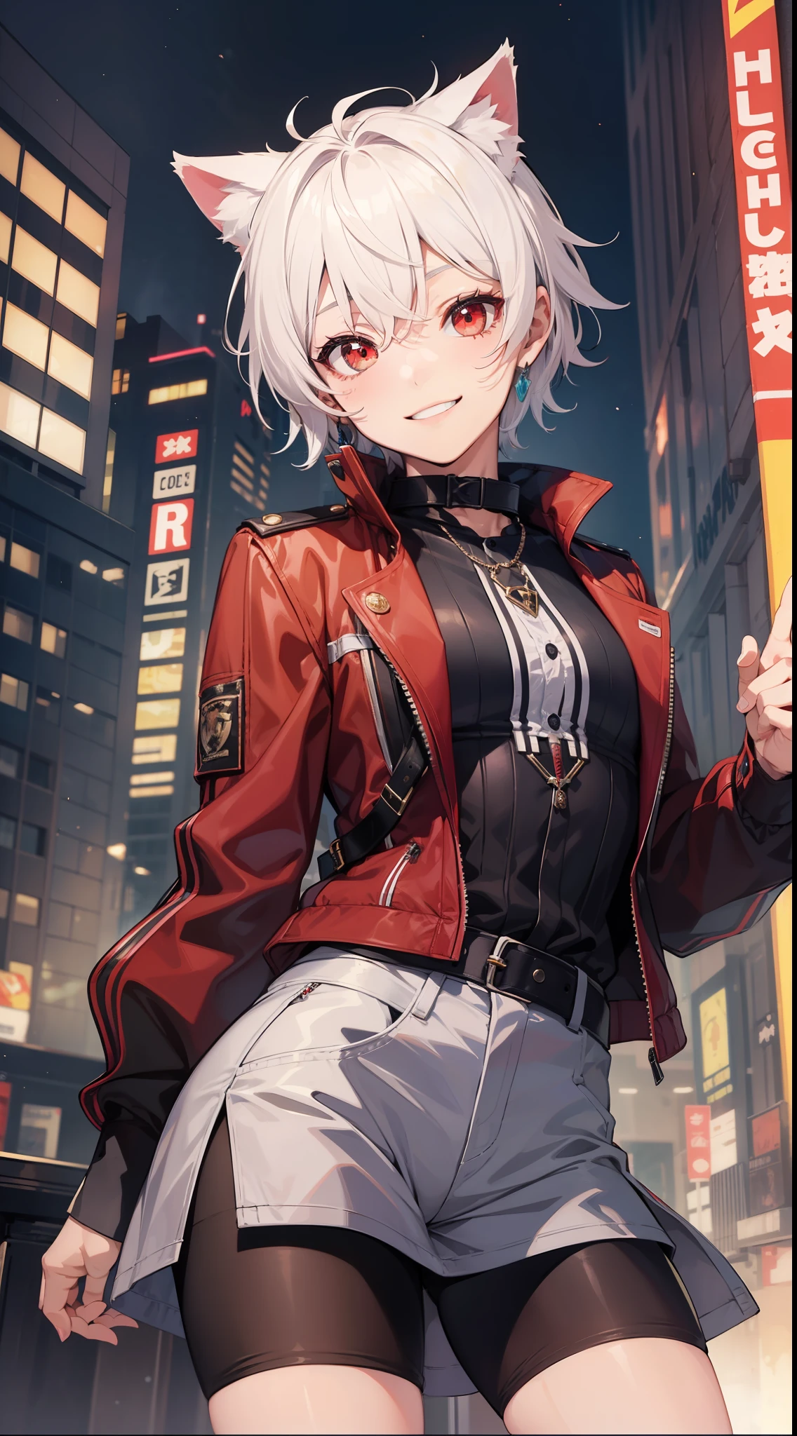 Young guy, short white hair, red eyes, cat ears, dressed like a pop idol, smile, masterpiece, high quality