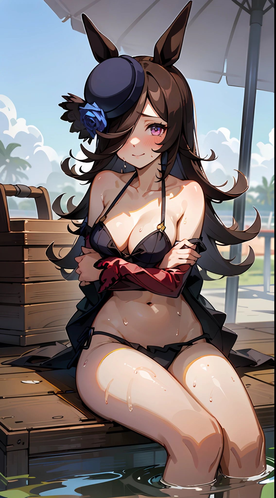 masterpiece, best quality, finely detail,highres,1GIRL rice shower \(umamusume\),hair over one eye, horse ears, bikini cleavage,
sitting, on ground, beach, , thighs, shiny, shiny hair, sweat, parasol, embarrassed, shy, navel, ripples, beach mat, picnic basket, closed mouth,
knees together feet apart,