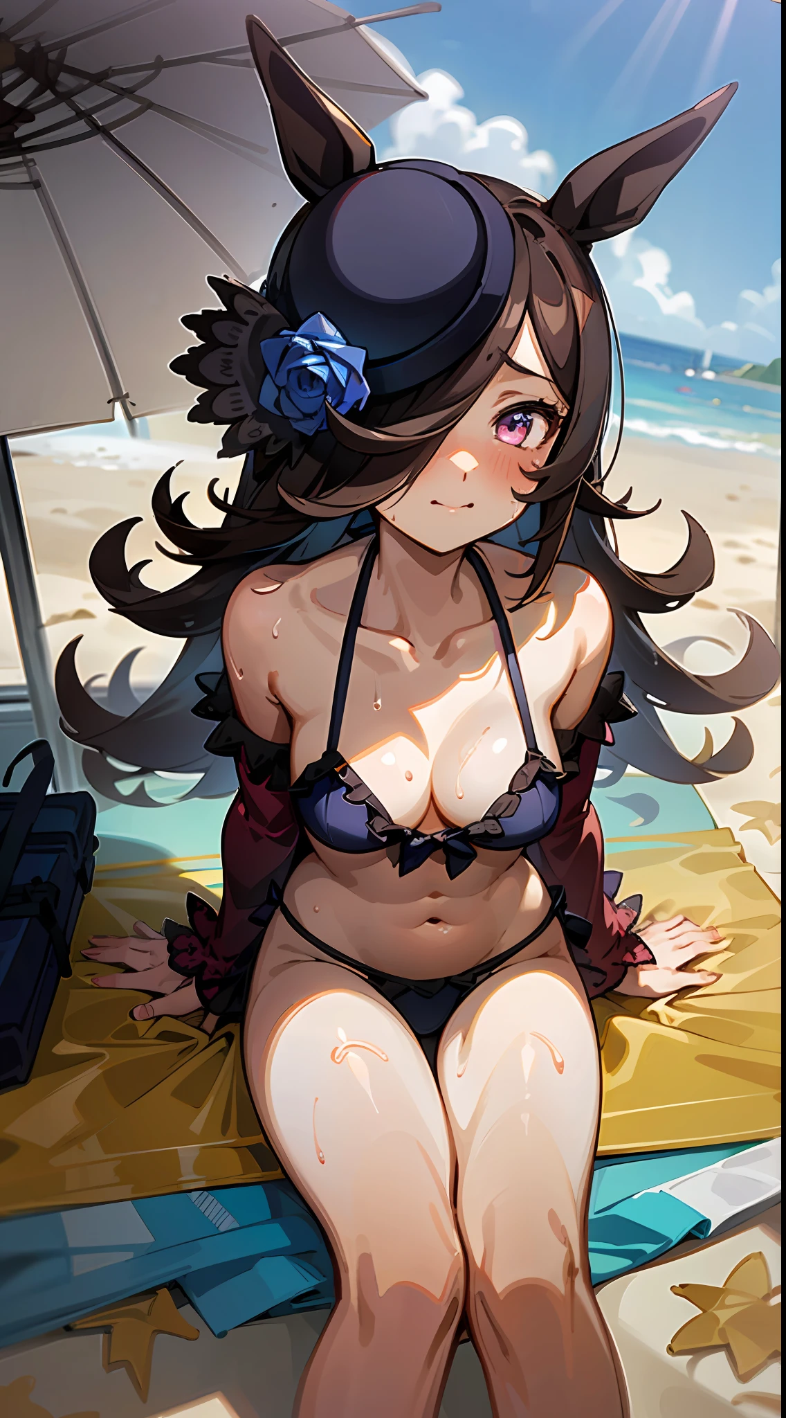 masterpiece, best quality, finely detail,highres,1GIRL rice shower \(umamusume\),hair over one eye, horse ears, bikini cleavage,
sitting, on ground, beach, , thighs, shiny, shiny hair, sweat, parasol, embarrassed, shy, navel, ripples, beach mat, picnic basket, closed mouth,
knees together feet apart,