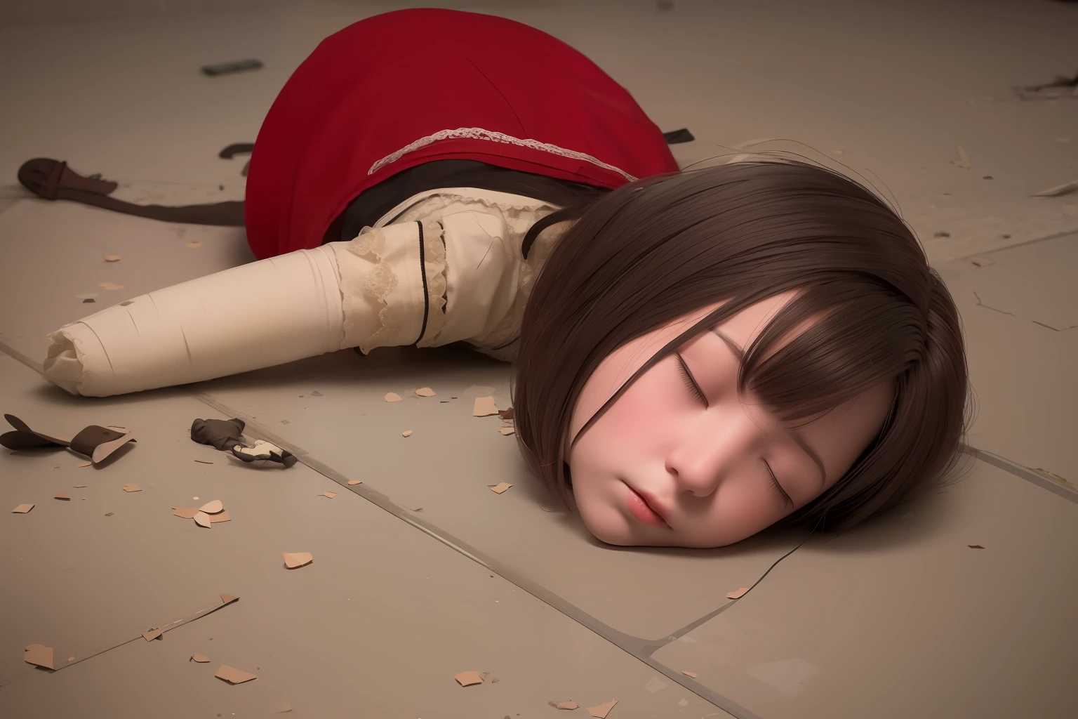 broken doll, lying on the floor, with the head separated from the body