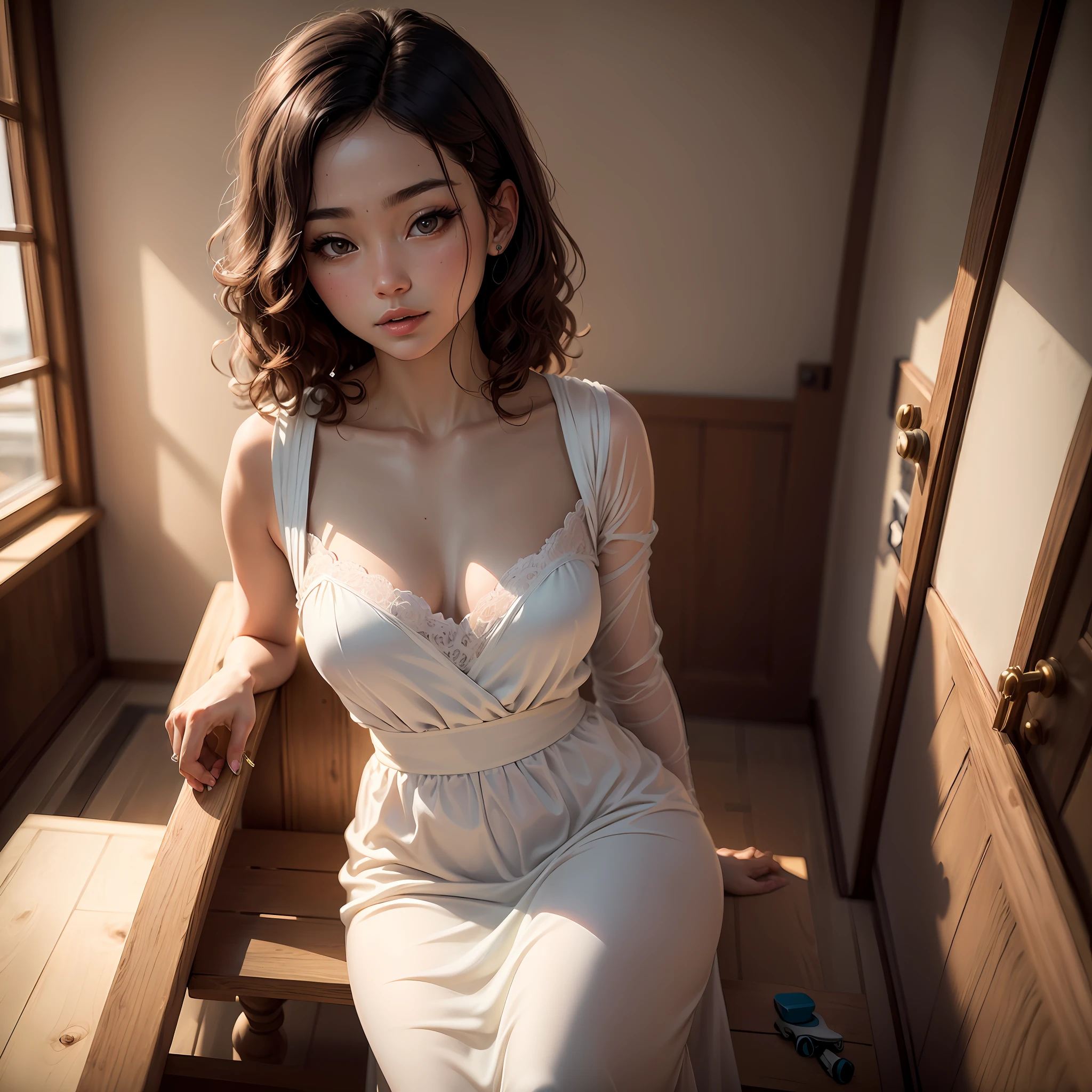 (Best quality, 8k, 32k, masterpiece, UHD: 1.5), attractive picture of Japanese princess, a girl, skateboard, (short wavy hair), super detailed face, detailed lips, fine eyes, double eyelids in bedroom, summer, sunshine, beautiful long dress, front shot