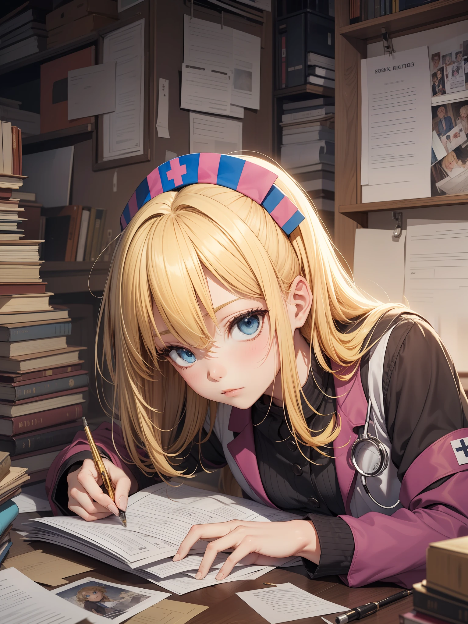 Absurdity, Super Detail, Masterpiece, Top Quality, Break, Official Art, (Beautiful and Aesthetic: 1.2), (Watercolor: Mid), Break, Beautiful Girl, (Cute: 1.3), , Break, Colorful Hair, (Yellow and Golden Hair: 1.2), (Fractal Art 1.3), Light Painting, Break, Sexy, Break, Break, Nurse, Lustrous Skin, Break, Blue Eyes, Break, Shy, Nervous, Break, Loli, Small, Break, (Looking for Lost Items: 1.4), Messy Room, Documents Scattered, Dropping Documents, Dropping Prints, Dodgy, Break,