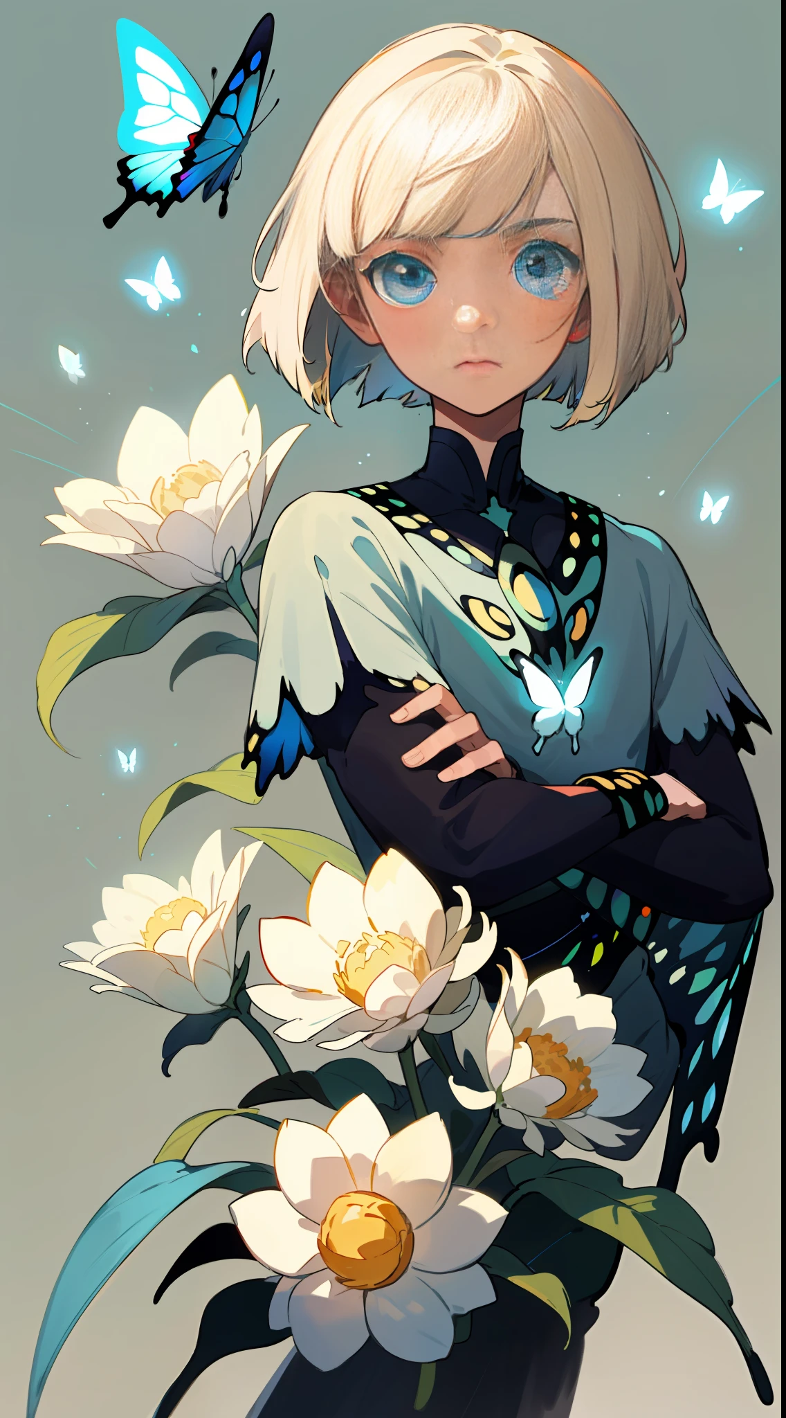 (best quality, masterpiece), 1boy, pose, particle, wind, flower, upper body, simple background, looking viewer, platinum blonde hair, bob cut, light blue eyes, Butterflies perched on his face