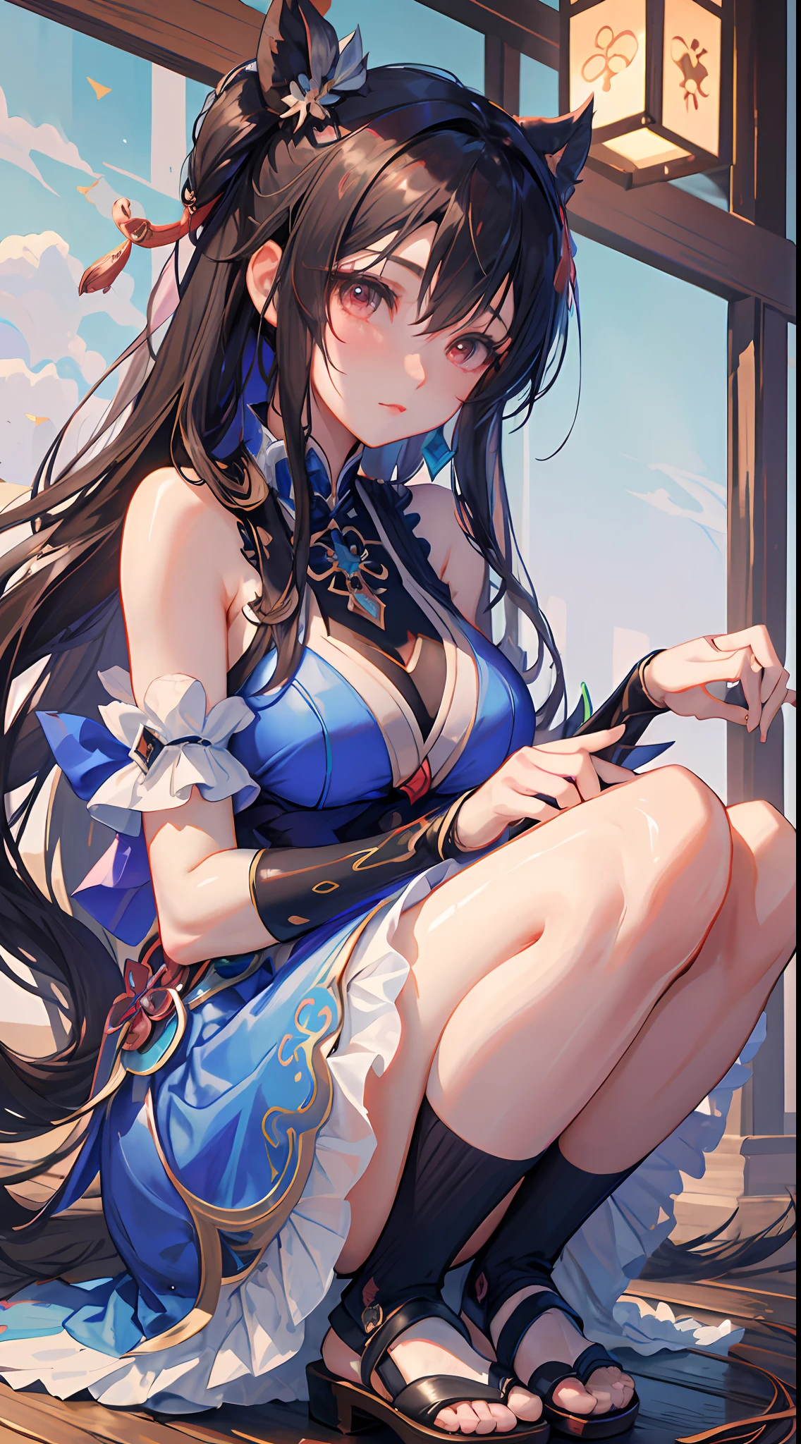 anime girl in a blue dress sitting on a red rug, beautiful anime girl squatting, seductive anime girl, by Yang J, beautiful alluring anime woman, keqing from genshin impact, extremely detailed artgerm, long elegant tail behind, the anime girl is crouching, guweiz, japanese goddess, trending on cgstation