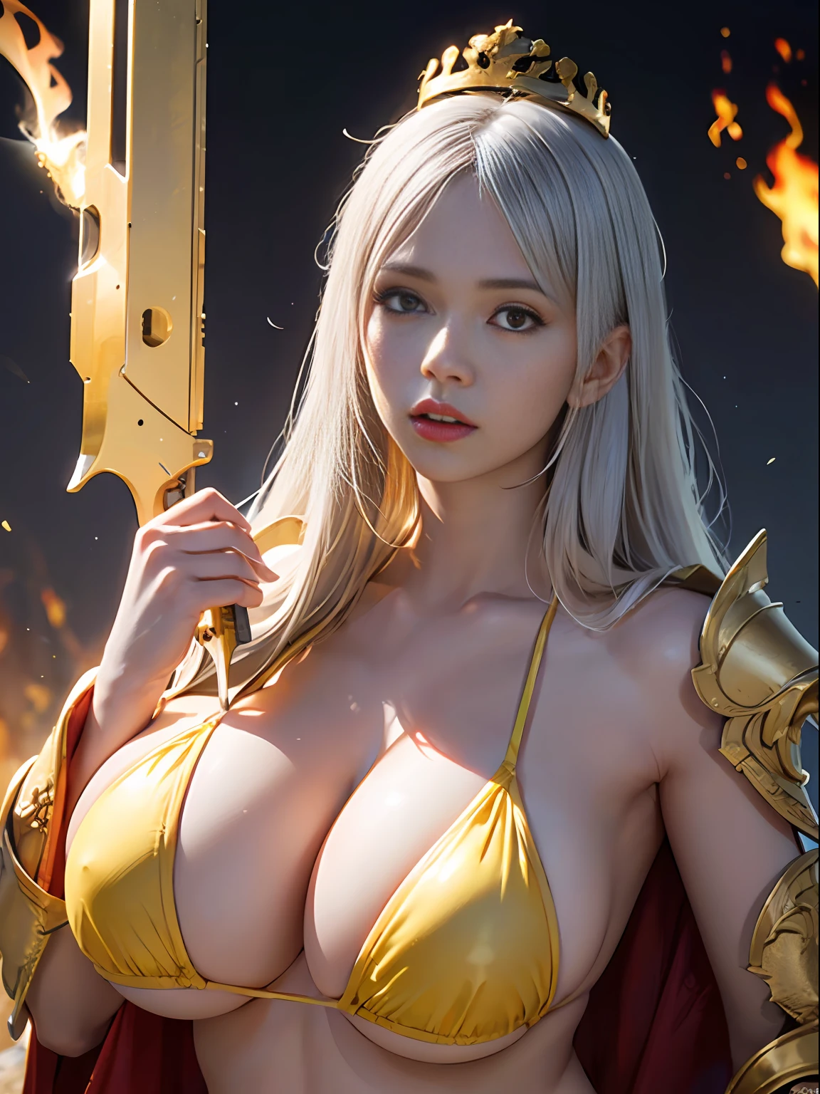 Official Art, Unity 8k wallpaper, ultra detail, masterpiece, best quality, one woman, (very detailed),(RAW photo, best quality),(realistic, photorealistic:1.3),high definition, opening your mouth lightly, ultra-detailed complex 3D rendering of face, (big breasts: 8.8), (highly detailed skin: 1.2), (exposure: 1.1), beautiful caucasian woman with big ass full soft breasts and white skinThe (topless), chest, white hair, yellow eyes, long hair, ( ( ( transparent silk red micro bikini)), dynamic angle, mystical expression, fire glow effect, fantasy background, rim lighting, side light, cinematic light, ultra high definition, 8k , film grain,best shadow, light particles, detailed skin texture, detailed face, golden eyebrows, ultra detail, watch viewer, gold armor, cleavage, slender abs, having a shining weapon, having a beautiful shield, pole dron, (detailed and beautiful huge crown)), glowing eyes, long pink cloak, fantasy, (realistic),