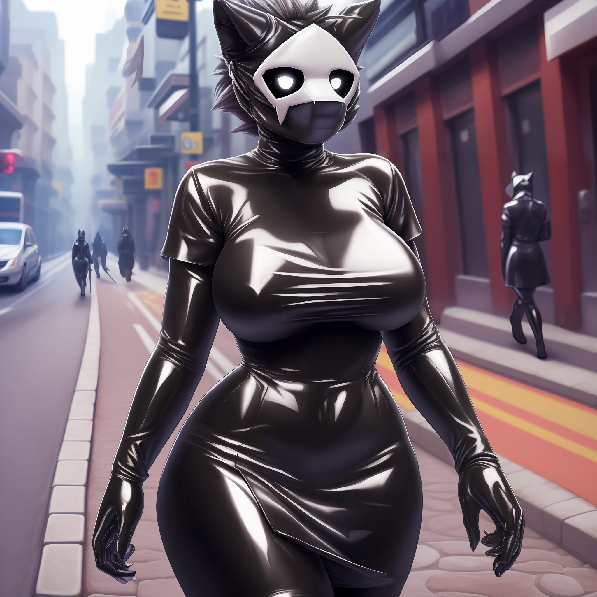 masterpiece, best quality, high quality, high definition, high quality texture, high quality shadow, high detail, beautiful detailed, finely detailed, extremely detailed CG, (extremely detailed:1.3), pure, mask, puro_(altered), female body, voluptuous figure, sexy, black latex body, short white glued dress, solo, walking on the street, realistic lighting