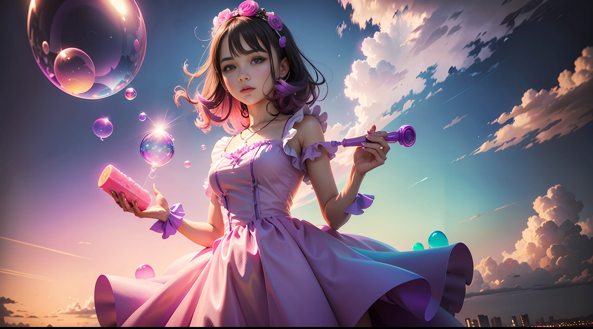 high quality, one standing woman, dress, detailed face, clear hands, (pink and purple clouds background), ((neon colorful soap bubbles))