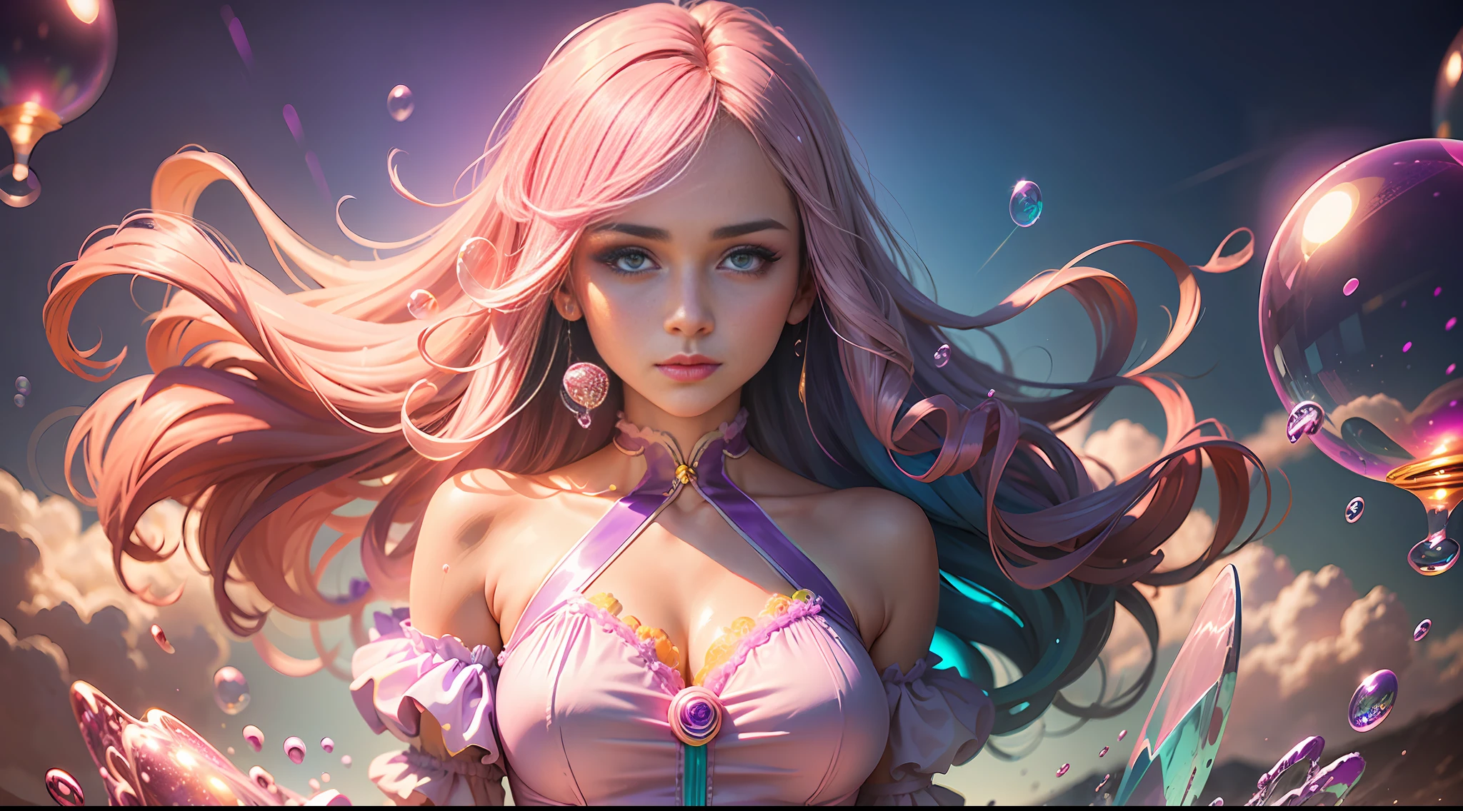high quality, one standing woman, dress, detailed face, clear hands, (pink and purple clouds background), ((neon colorful soap bubbles))
