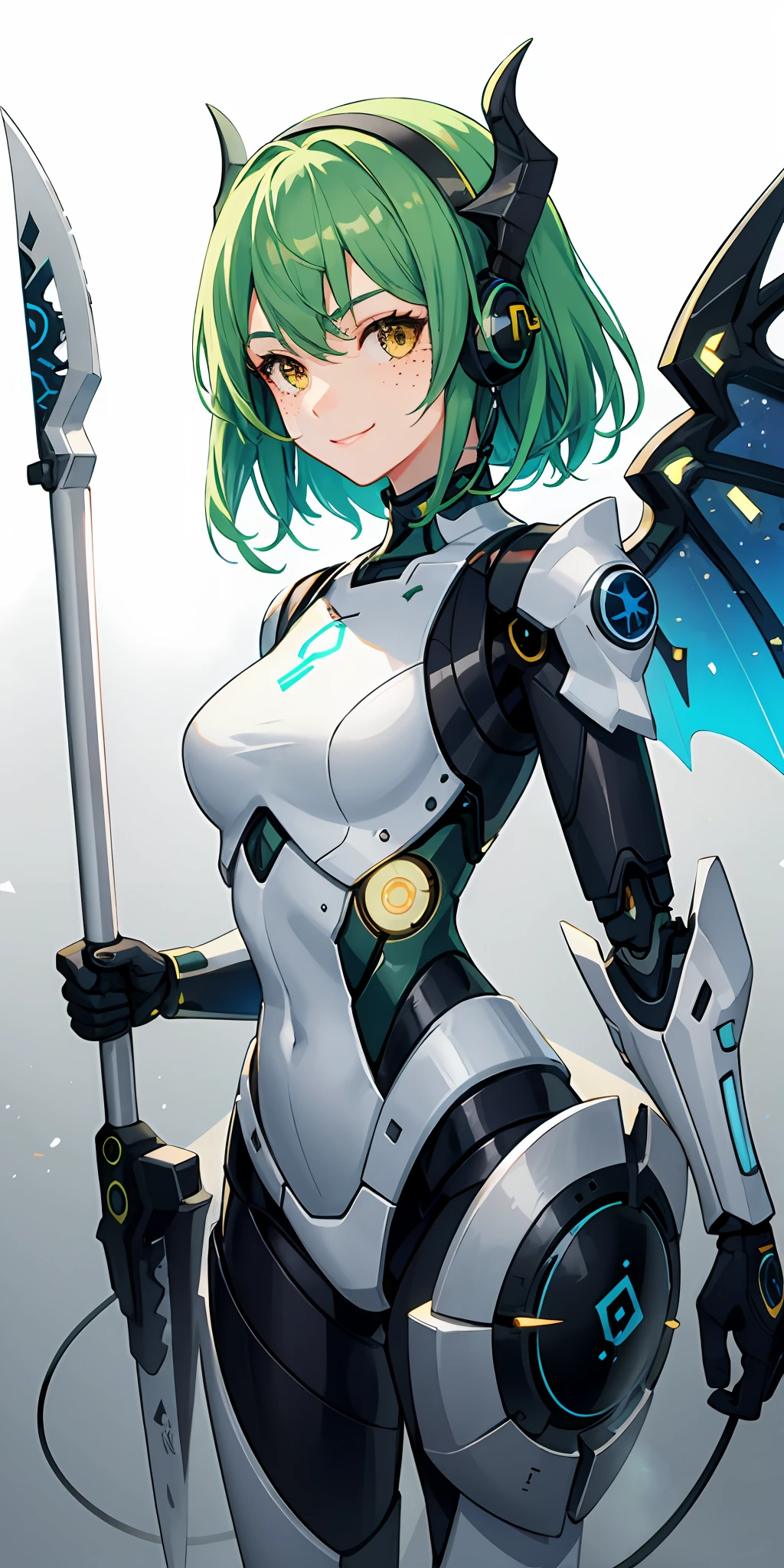 1girl, green hair,brown eyes, Freckles on cheek, Determined Smile, mask on head, side lighting, light particles, wallpaper, Cyborg, White Armor with Yellow Details, Demon Tail, Wings, Holding Axe, Detailed Headset