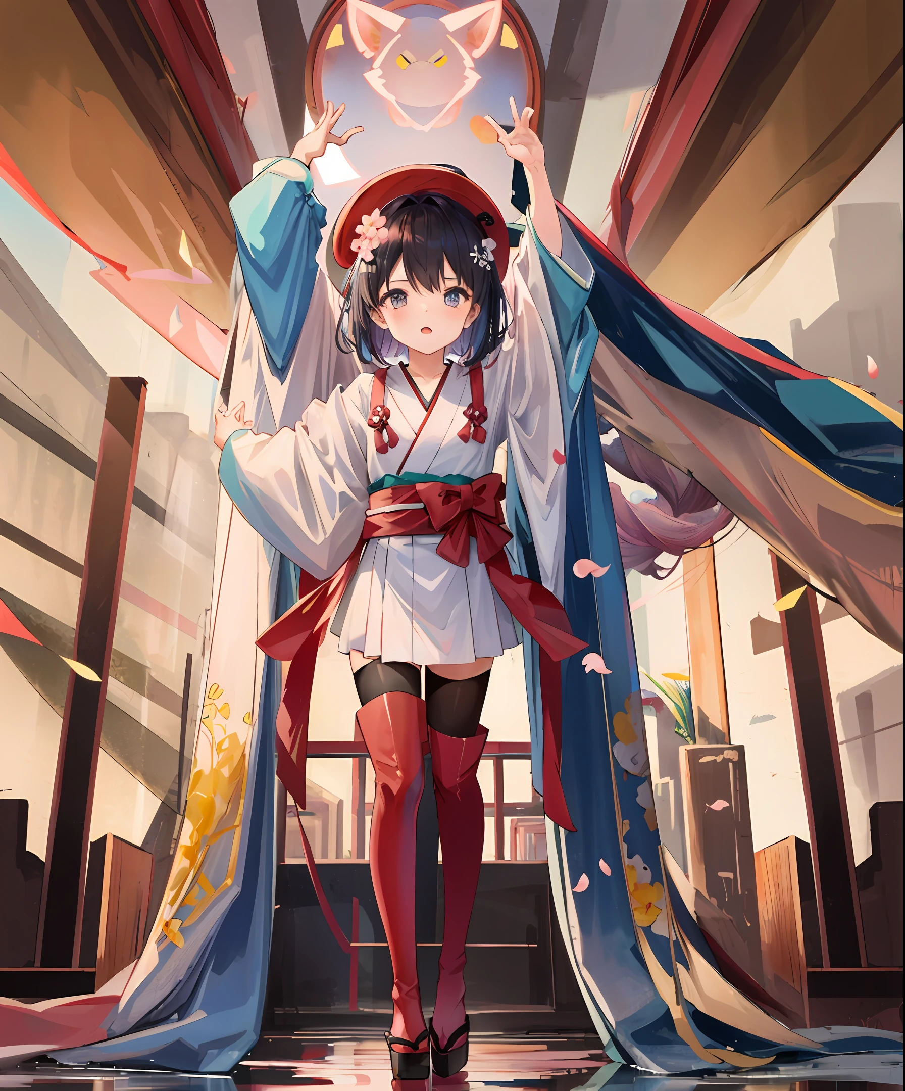 Cherry blossom spirit, short bob, Japanese bow, small breasts, black hair, fantastic, super definition, high quality, 8k, super beautiful, anime style, full body, composition looking up from below