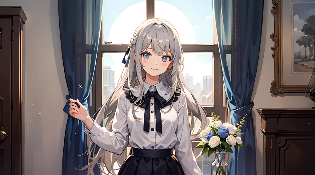 Gray hair, girl, , high rating, home, light in the upper right corner, window, long distance shot, window vase decoration, standing, back hand, smile, turn a blind eye, long hair, front shot, sunny girl