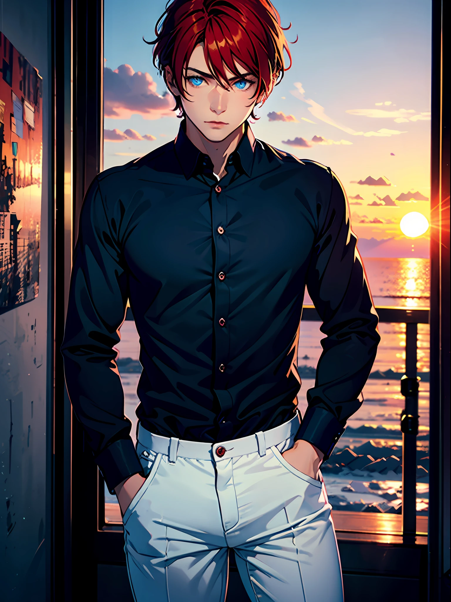 (best quality, masterpiece), close-up, 1 man of 20 years, muscular, alone, (short bright red hair), (ice blue eyes, sharp look), black blouse, rolled up and with several buttons open, white pants, (sunset background)