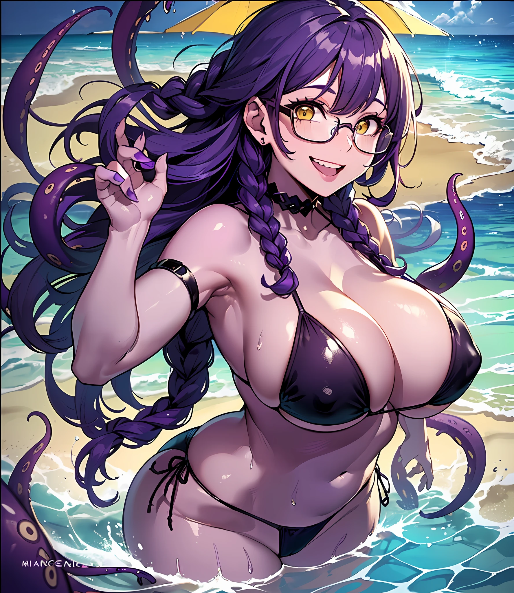 ((Huge tits)),big ass,((wide hips)),((purple hair)),((crazy yellow eyes)),((braids hair with braids)),(((purple skin))),((glasses)),((tentacles coming out of her body)),microbikini,((beach background)),((playing in the water)),((crazy face)),(((manic smile)),((full body))