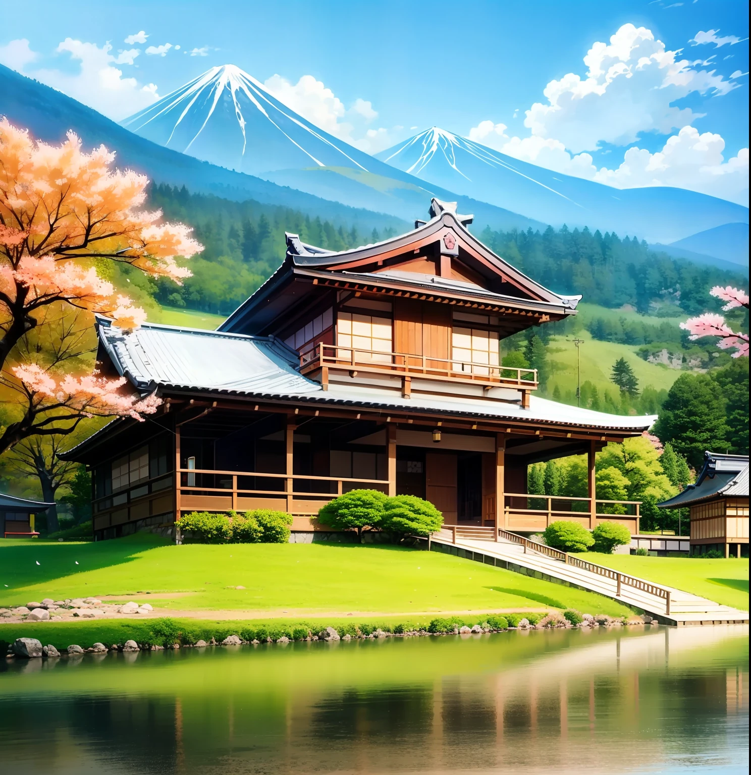 a mountain scenery, house in the middle of a lake, japan, cherry blossoms
