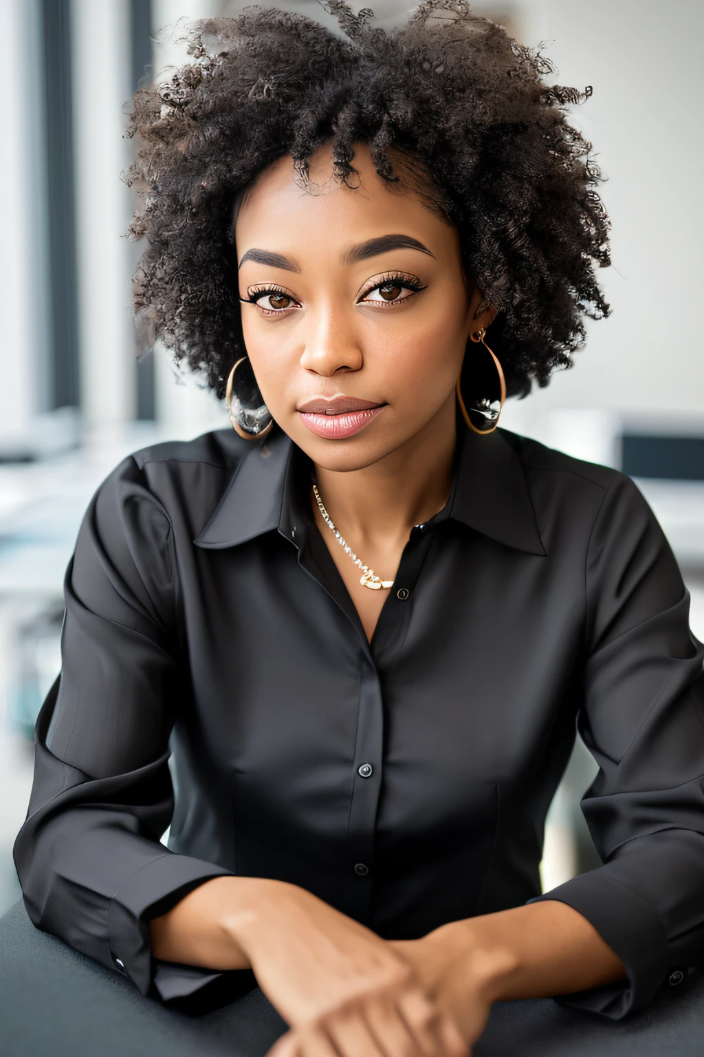 RAW portrait of a beautiful beautiful ebony woman wearing a white blouse, brazer and gray pants inside an office, facing the viewer, very detailed, 30 years old, serious face, short curly black hair natural, hazelnut eyes, high-res, masterpiece, best quality, intricate details, highly detailed, sharp focus, detailed skin, realistic skin texture, texture, detailed eyes, professional, 4k, shot on Canon, 85mm, shallow depth of field, kodak vision color, perfect fit body, extremely detailed, photo_\ (ultra\), photorealistic, realistic, post-processing, maximum detail, roughness, real life, ultra realistic, photorealism, photography, 8k uhd, photography