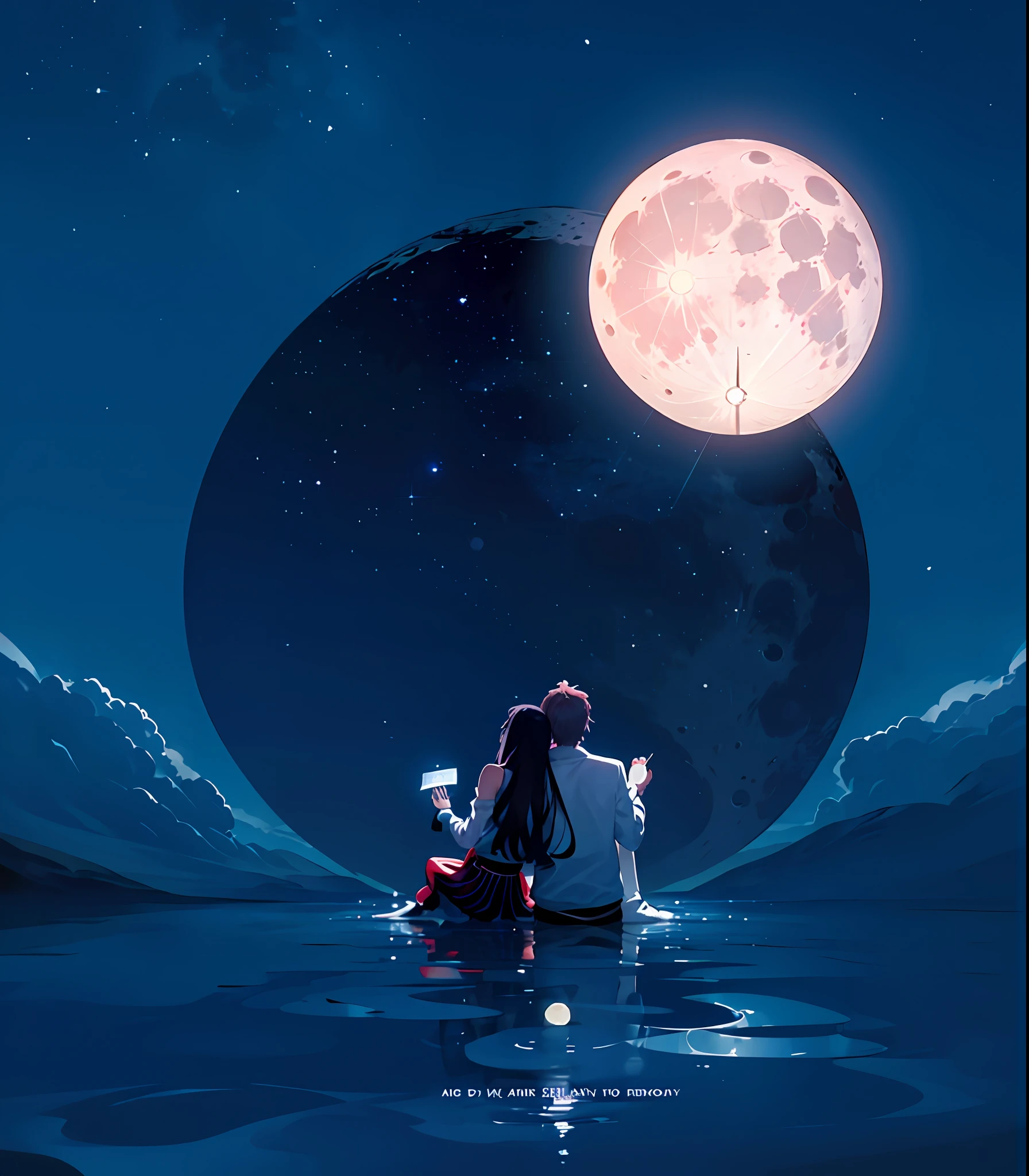 Poster cover, magazine cover, two people sitting looking at the moon, back, looking at the full moon, looking at the moon, in the starry sky, full moon in the sky, beautiful night under the moonlight, one moon in the sky, in front of the big moon, floating in the moonlight at night, 8k, masterpiece, photography, poster design
