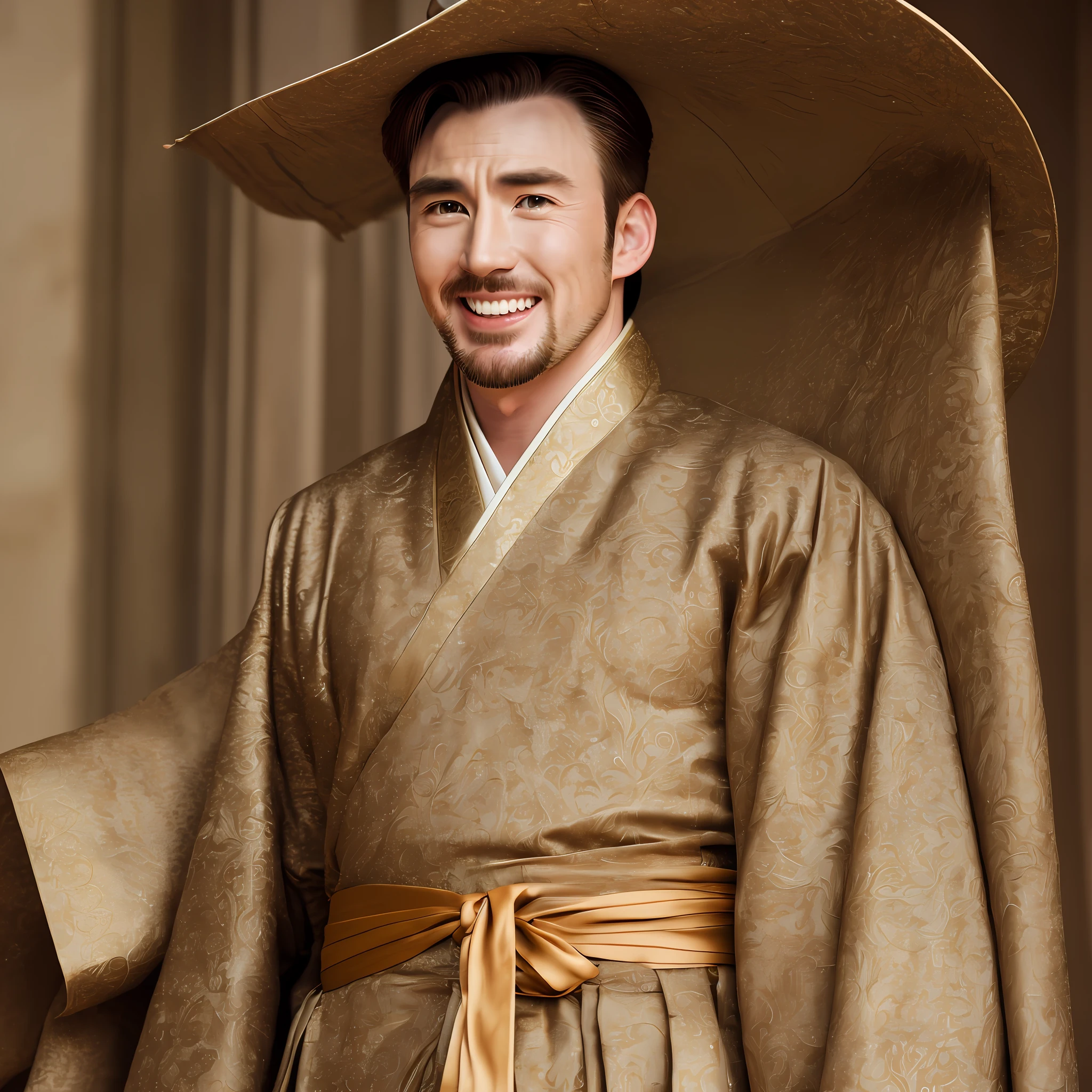 Chris Evans (attractive pose)(smile face)(8k, RAW photo, best quality, masterpiece:1.2), (realistic, photo-realistic:1.4), ultra-detailed,perfect detail , make up,(upper body shot:1.1),korean traditional man suit .hat. hanbok --auto