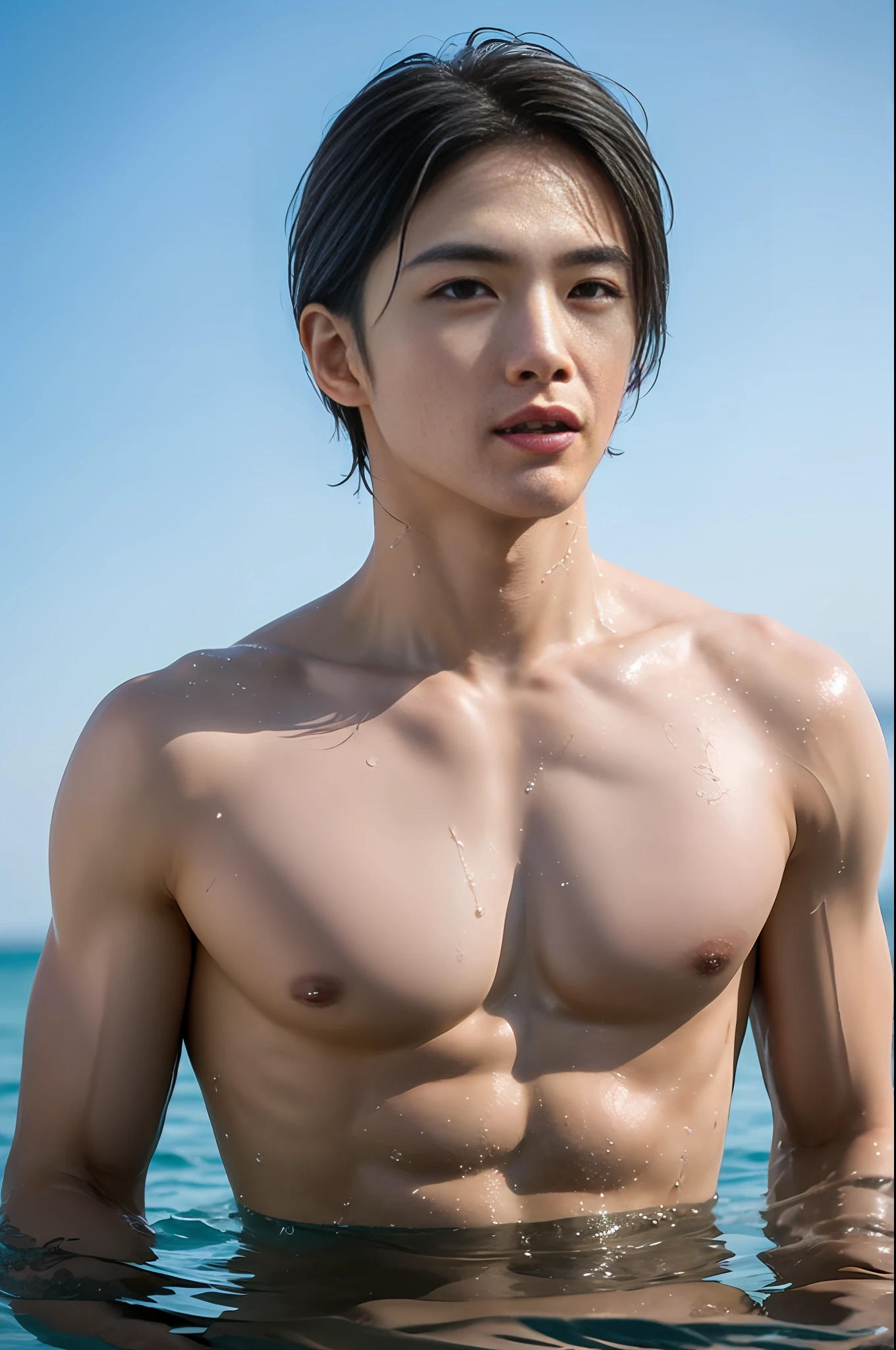 Mature, masculine handsome, high quality, dynamic angle, masterpiece, wet, male model, masterpiece, extremely handsome, sunshine boy, water's edge