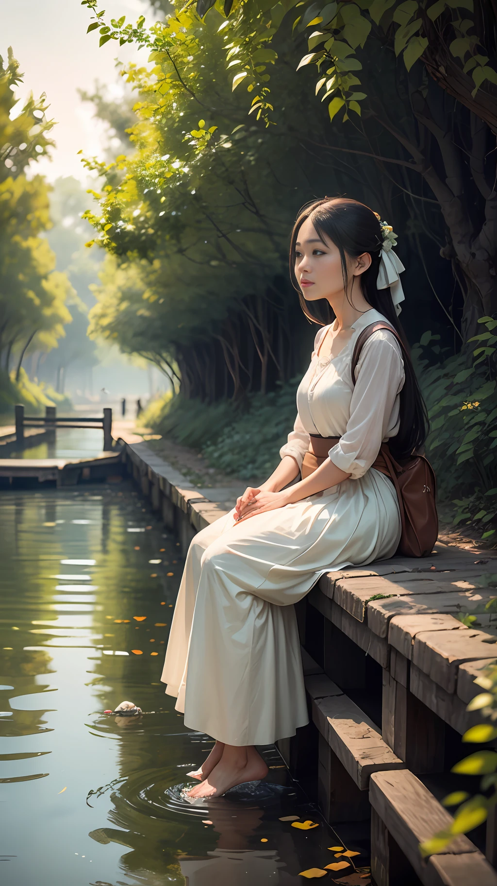 At dusk, green trees, willows flying, surrounded by blue water, small bridges and flowing water, antique color, floral fragrance, warm as jade, birds singing and flowers, water village paintings, leisurely, real photography, 16k resolution, a beautiful woman, wearing a white skirt --auto