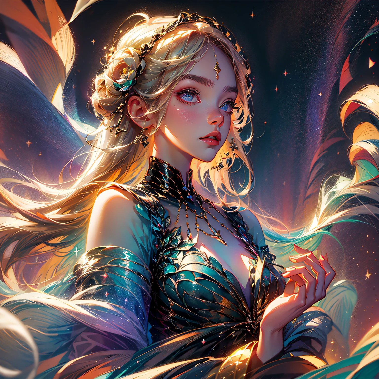 (best quality, masterpiece), 1girl, galaxy, glitter, dress, particle, wind, flower, upper body, dark simple background, looking at viewer, blonde, --auto