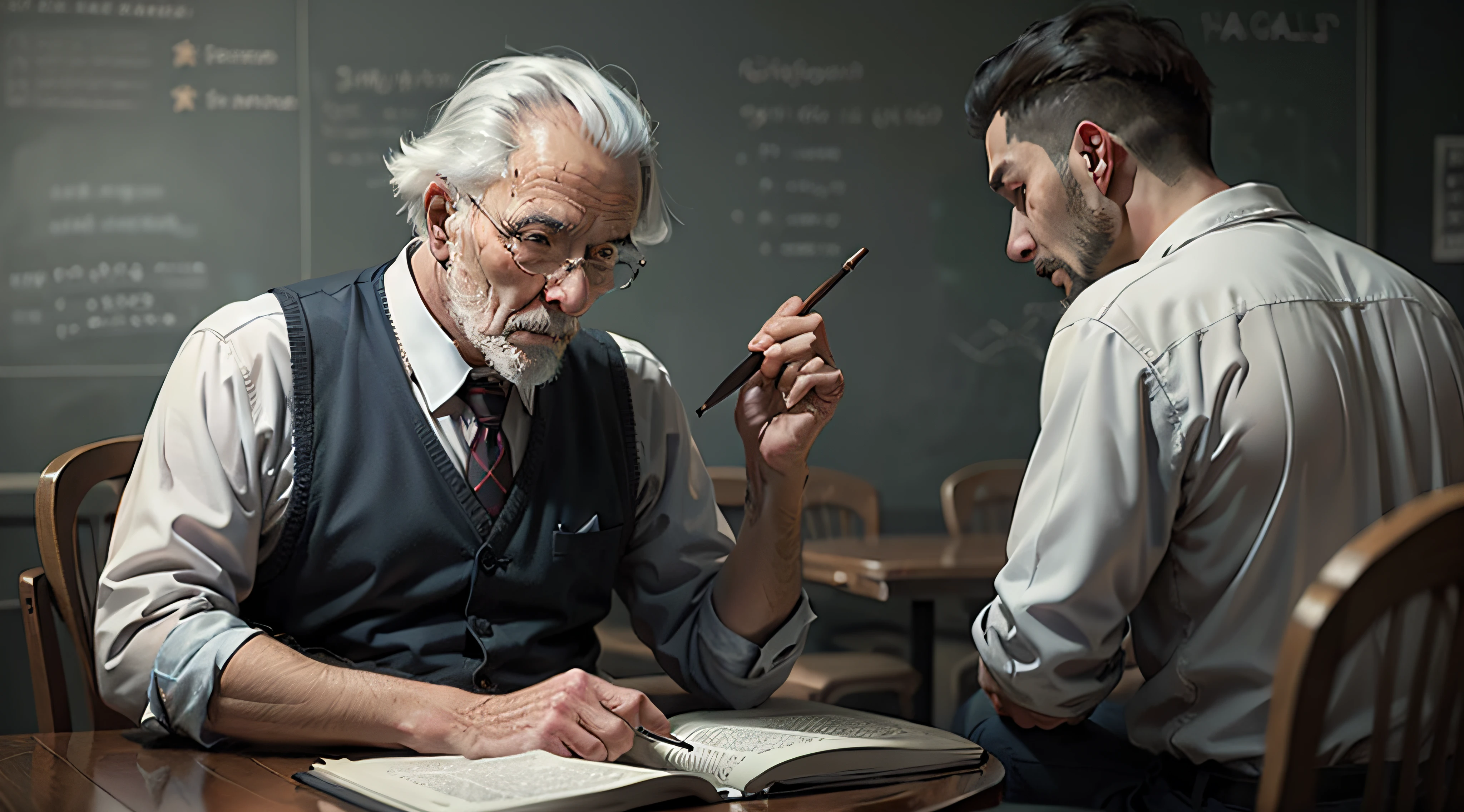 Old man teaching a young man