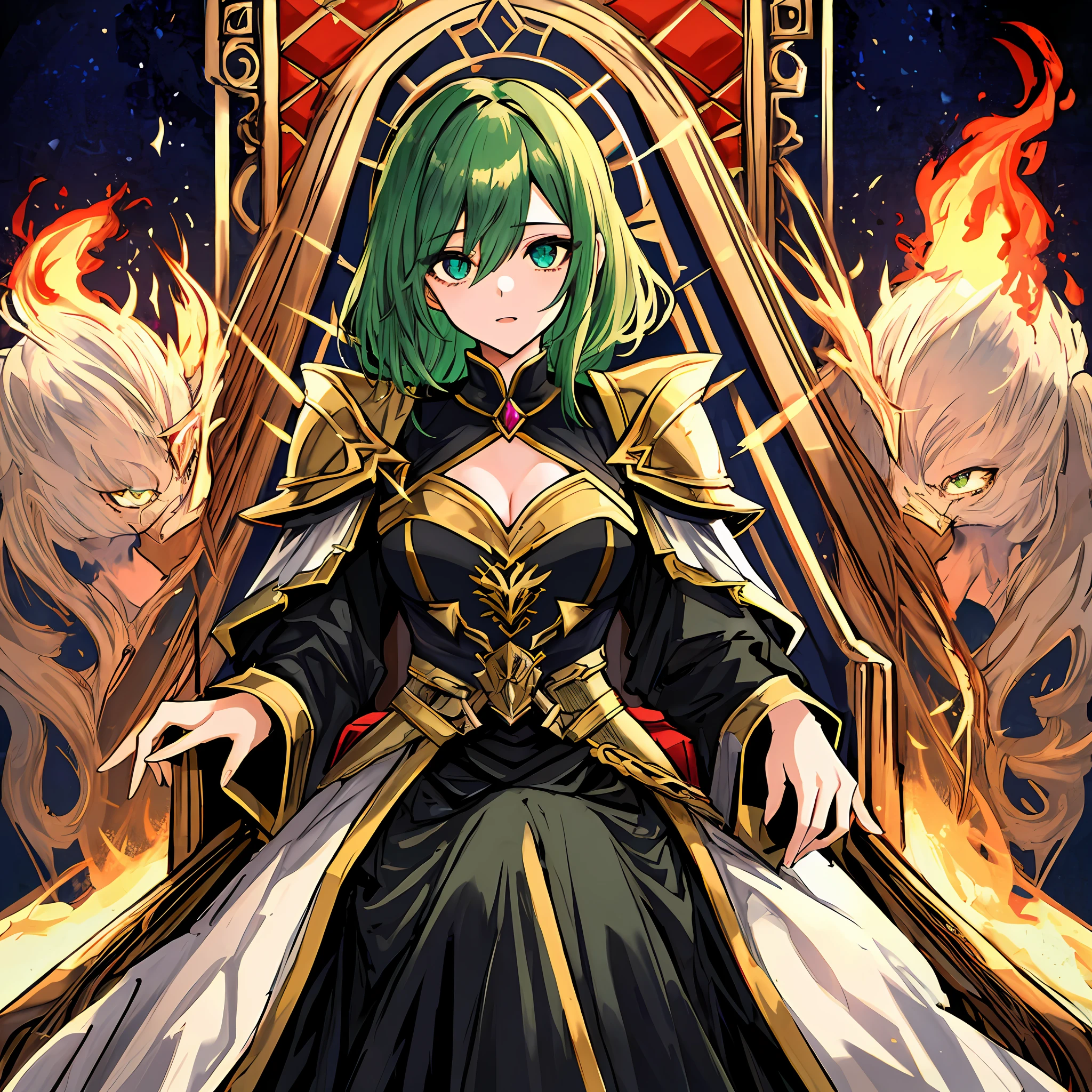 (absurdres, highres, ultra detailed), 1girl, beautiful eyes, large visible breasts, finely detailed eyes and detailed face, green hair, medium length hair, hair on eyes, armored dress, fantasy, magnificent background, throne, magic effect, flame, detailed fantas spear leaning on throne,