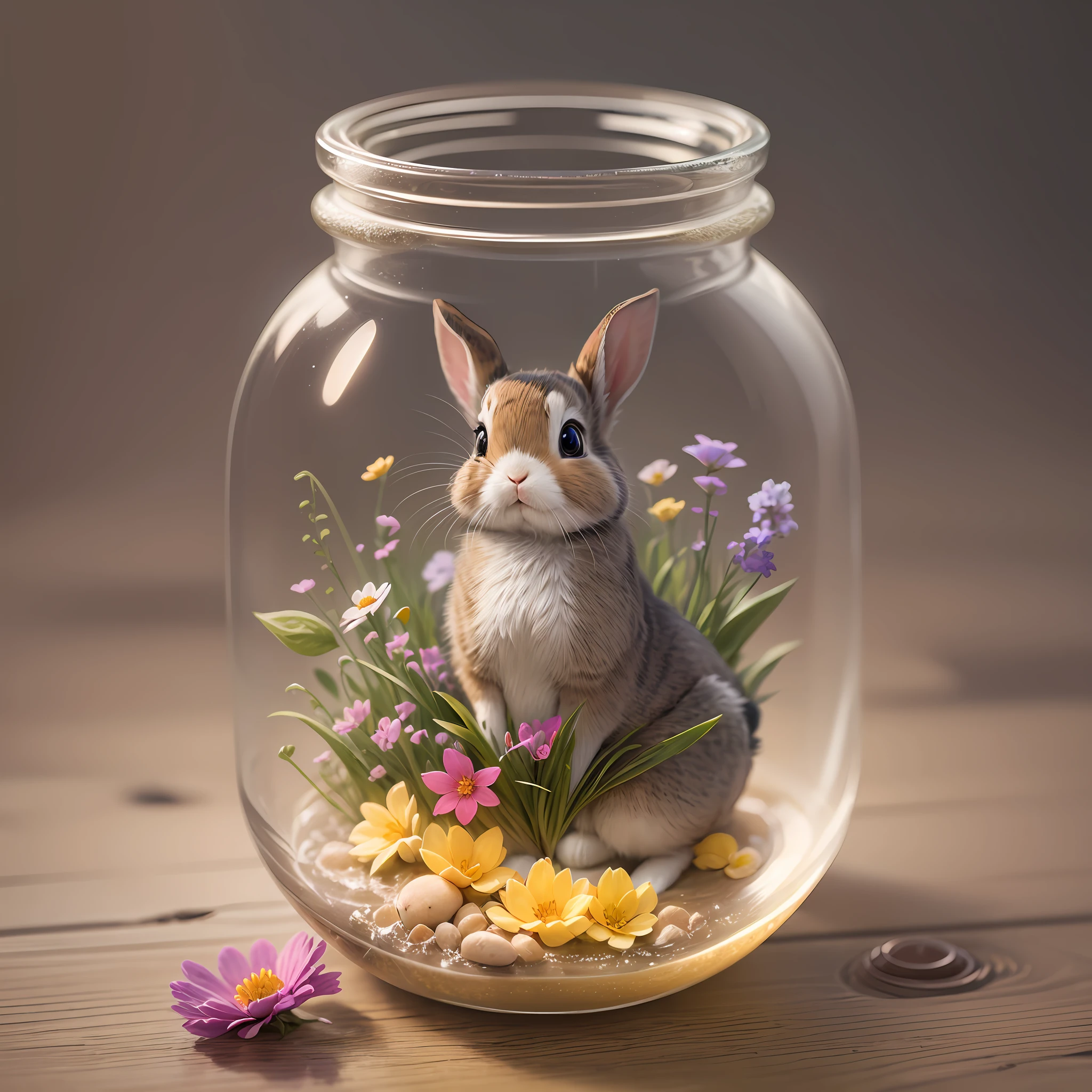 a cute rabbit in a magical bottle, sorrounded by flowers, manga anime style, white background --auto --s2