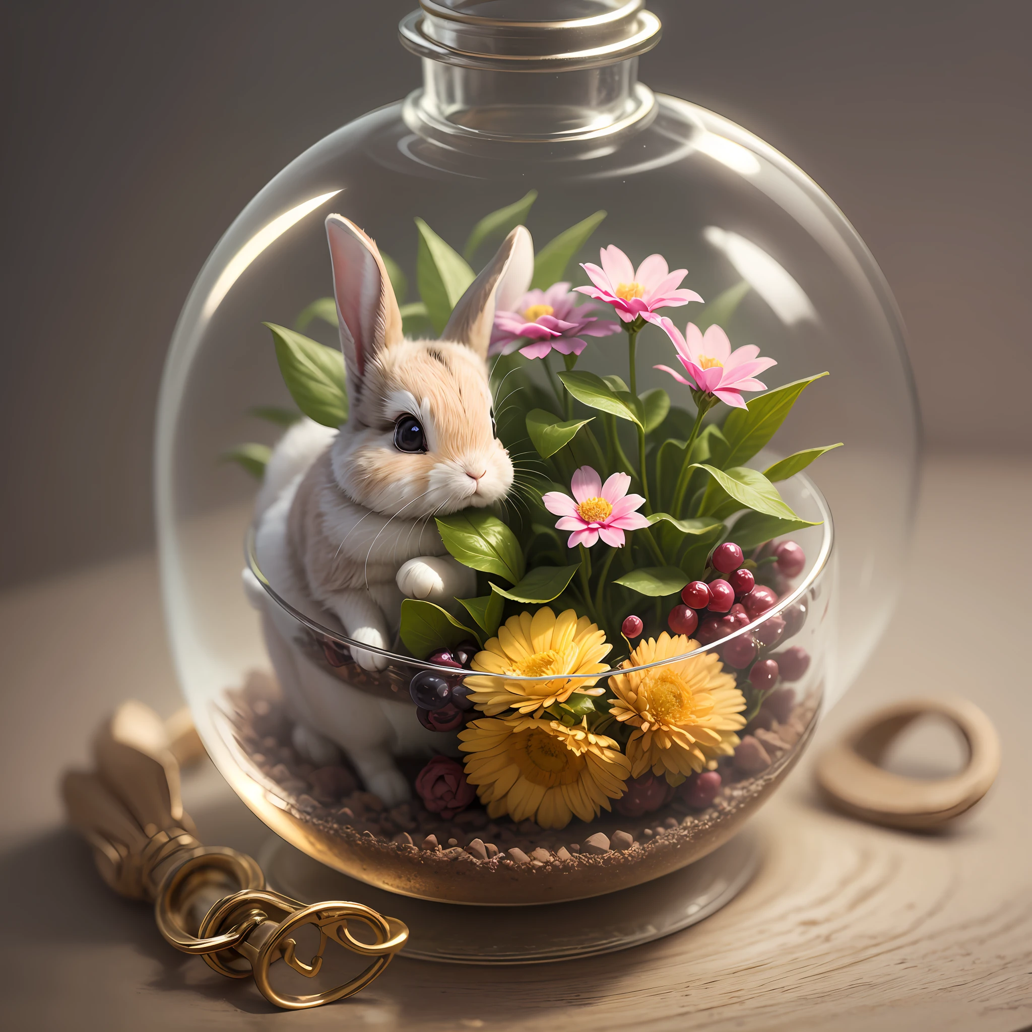 a cute rabbit in a magical bottle, sorrounded by flowers, manga anime style, white background --auto --s2