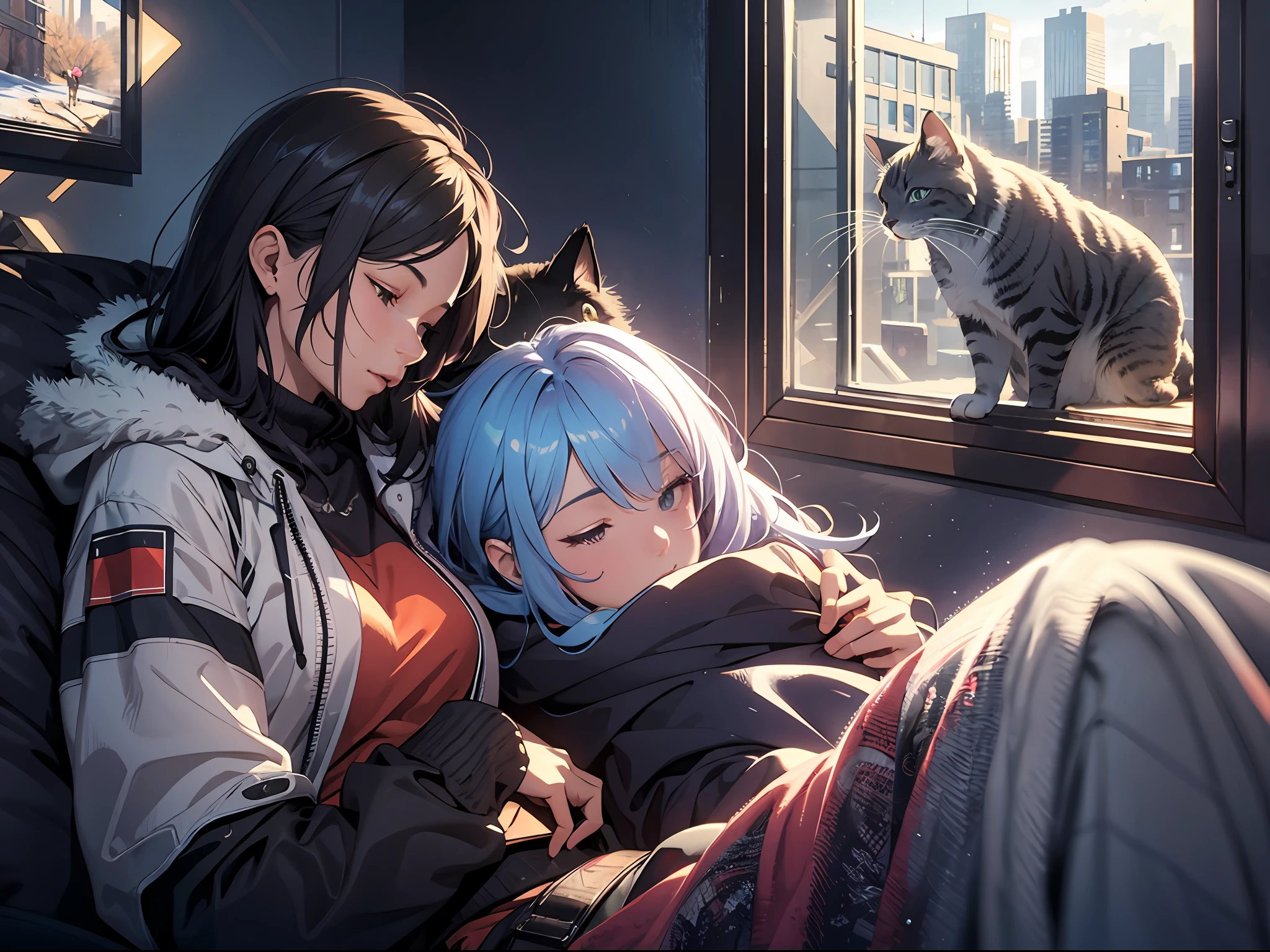 a heart warming scene of a young man and a young woman sleeping on the couch with a cat in winter day, with the view out the window, BREAK,Detailed,Realistic,4k highly detailed digital art,octane render, bioluminescent, BREAK 8K resolution concept art, realism,by Mappa studios,masterpiece,best quality,official art,illustration,ligne claire,(cool_color),perfect composition,absurdres, fantasy,focused