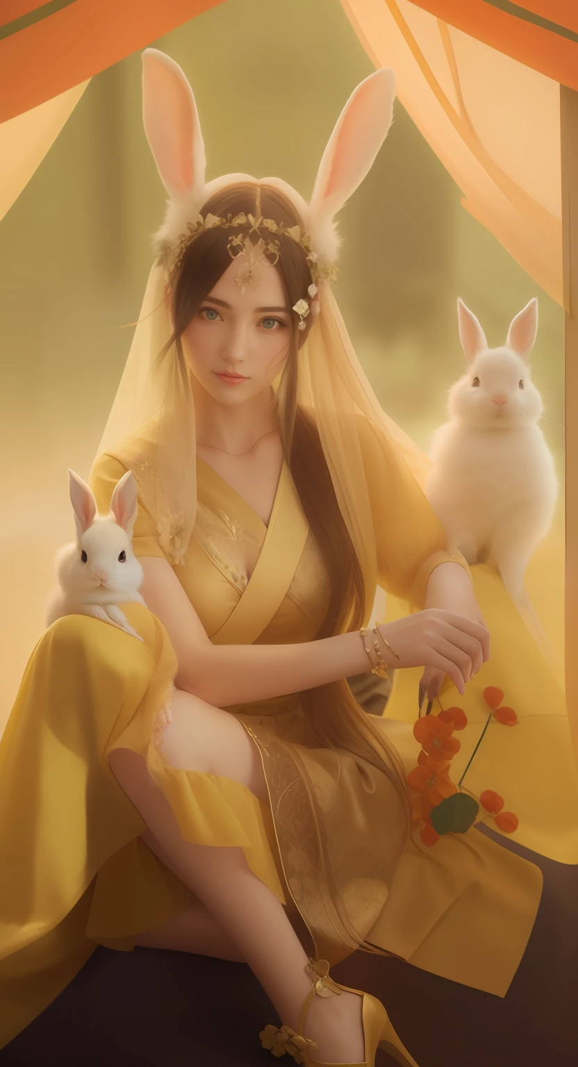 There is a woman in a yellow dress holding two rabbits, beautiful girl cosplay, real person, real texture, real skin, textured skin