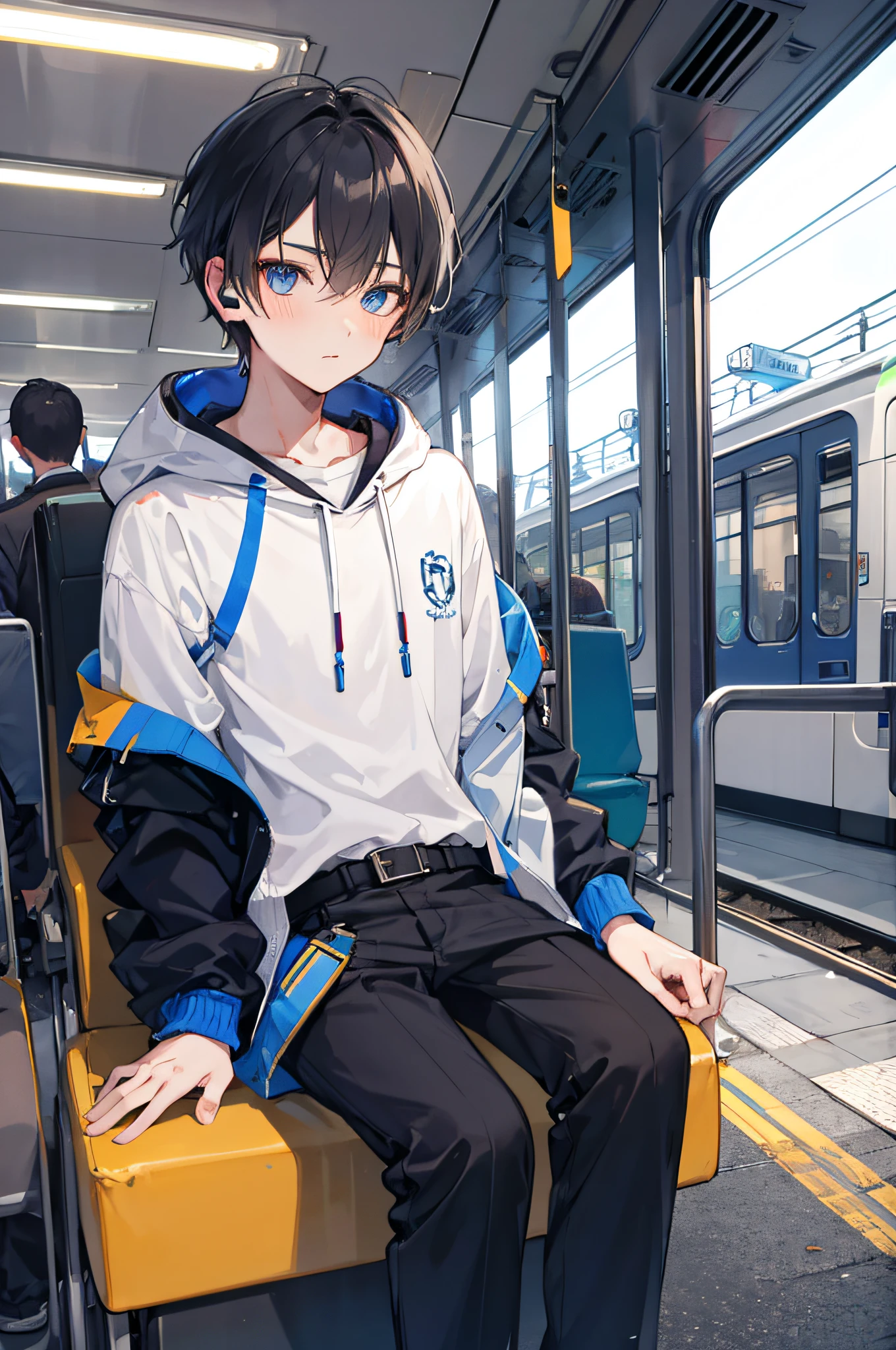 1 boy, train car, headphones